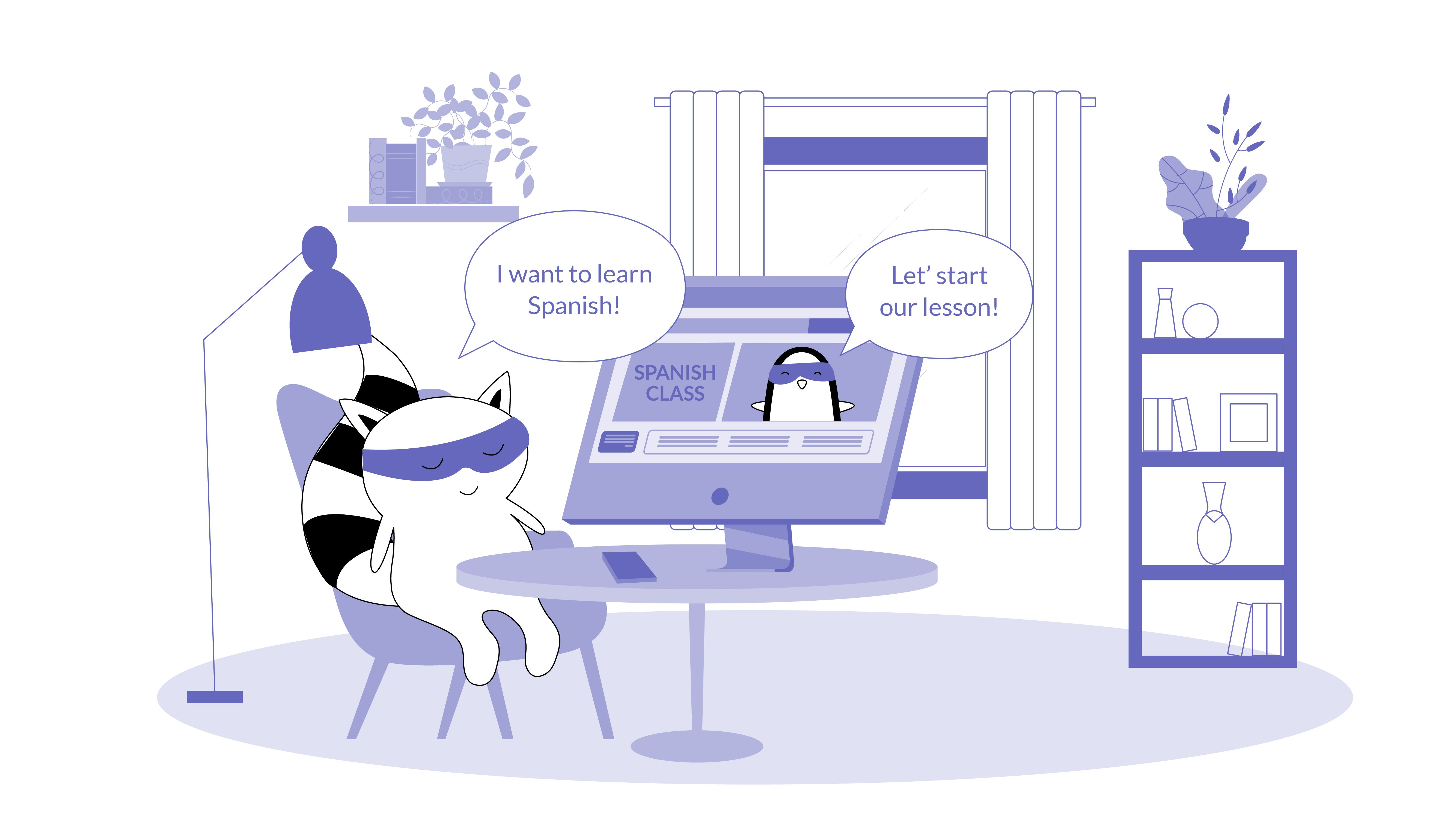 Benji using his laptop, Soren is on the screen (they are in an online Spanish lesson).