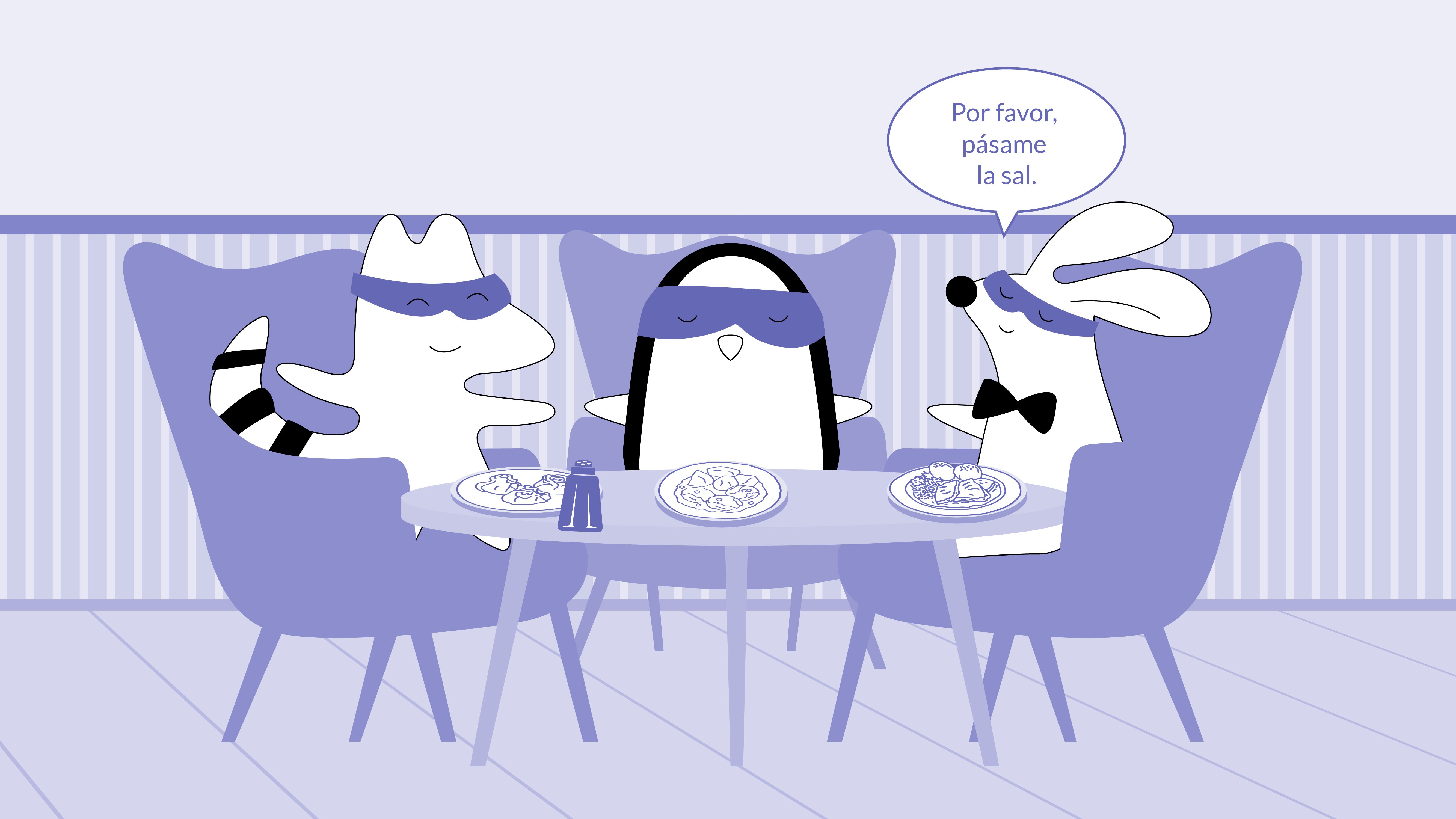 Benji, Iggy, and Soren are eating at the restaurant. Benji asks for the salt, saying, “Por favor, pásame la sal.”