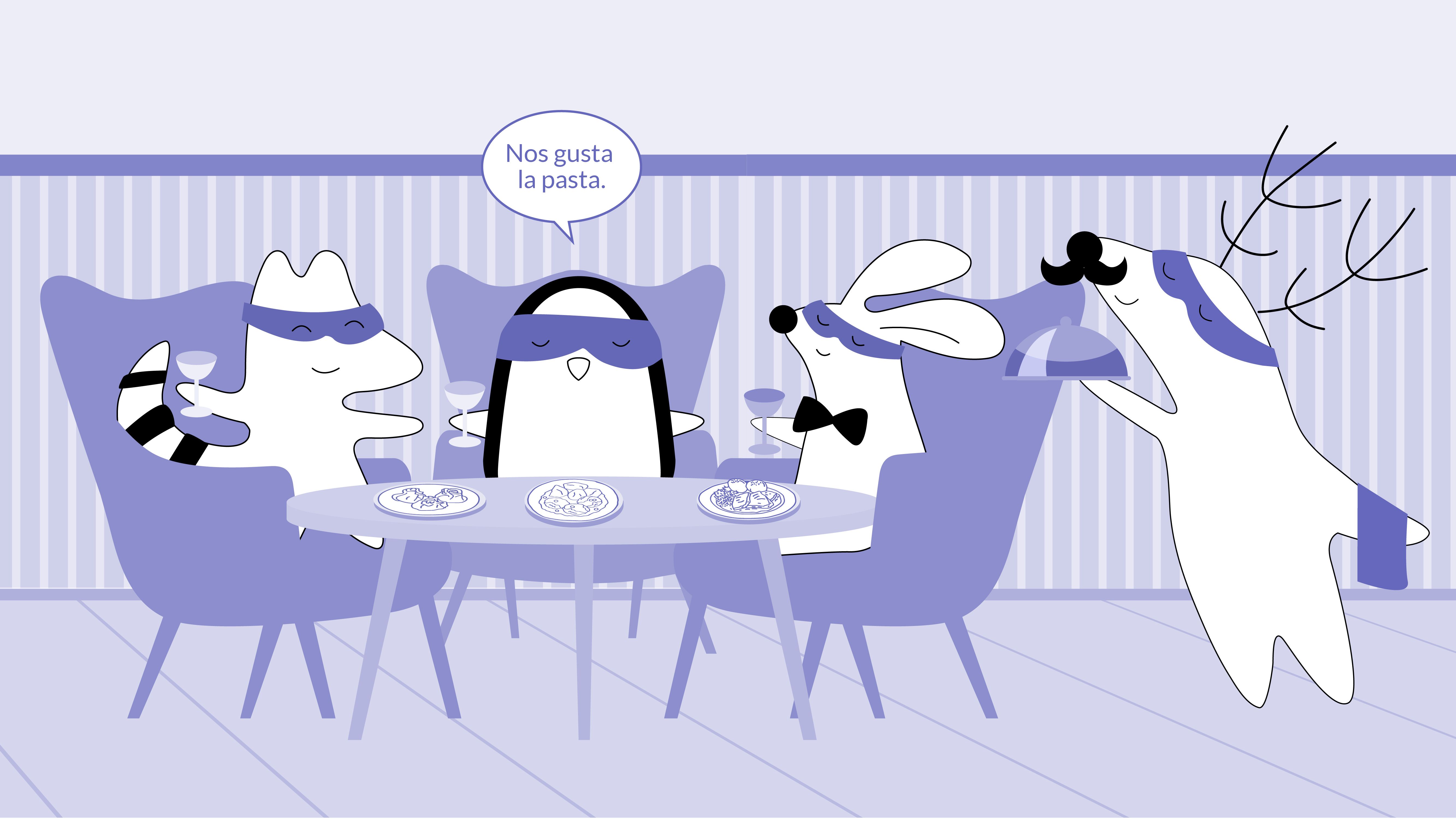 Soren, Benji, and Pocky at the restaurant. Pocky says to the waiter,