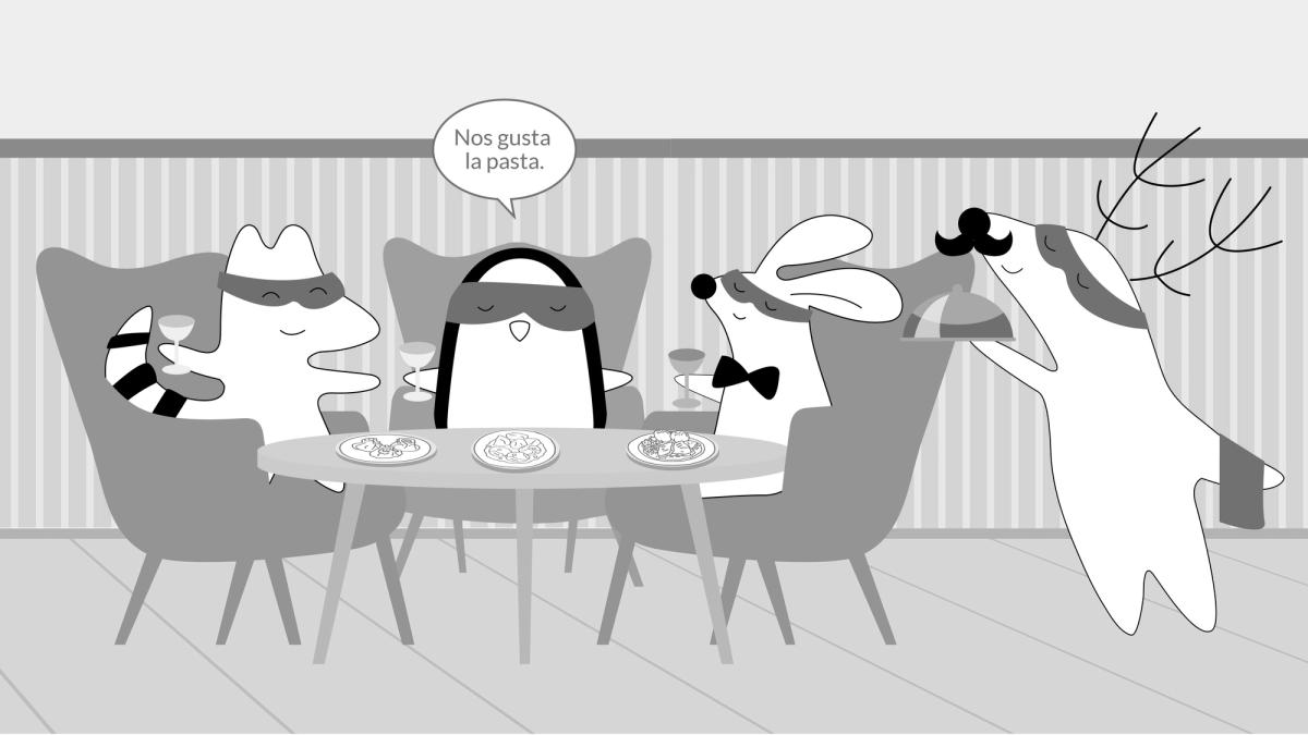 Soren, Benji, and Pocky at the restaurant. Pocky says to the waiter, "Nos gusta la pasta."