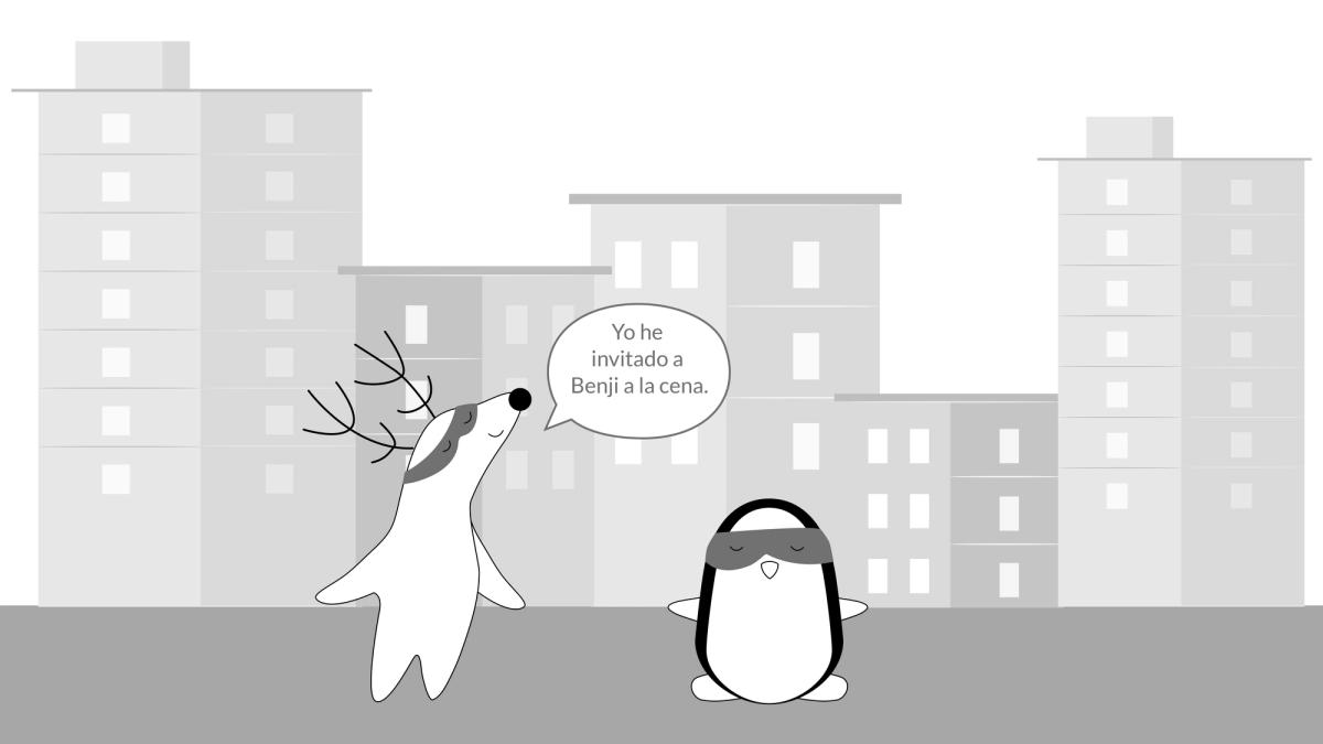 Soren is talking to Pocky on the street, saying, “Yo he invitado a Benji a la cena.”
