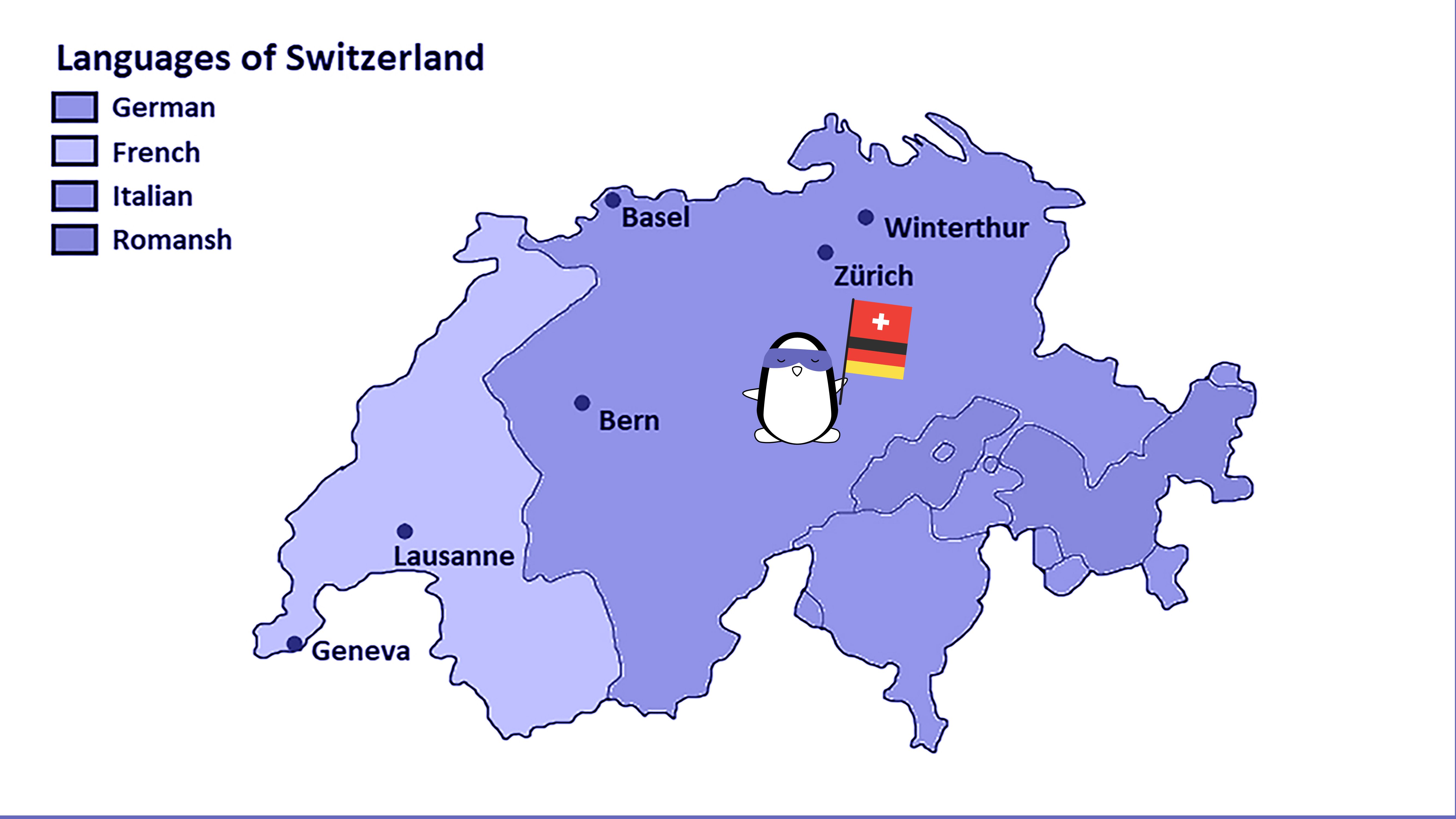 On the map, Pocky is somewhere under Zurich, holding the flag that is a mix of German and Swiss flags.