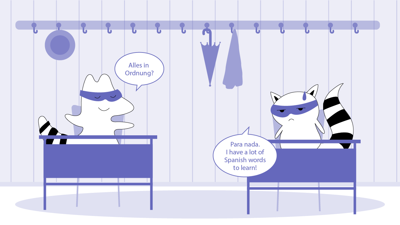 Pocky and Iggy meet in the hallway after the exam. Iggy asks “You good?”, Pocky says “Para nada. I have a lot of Spanish words to learn!”