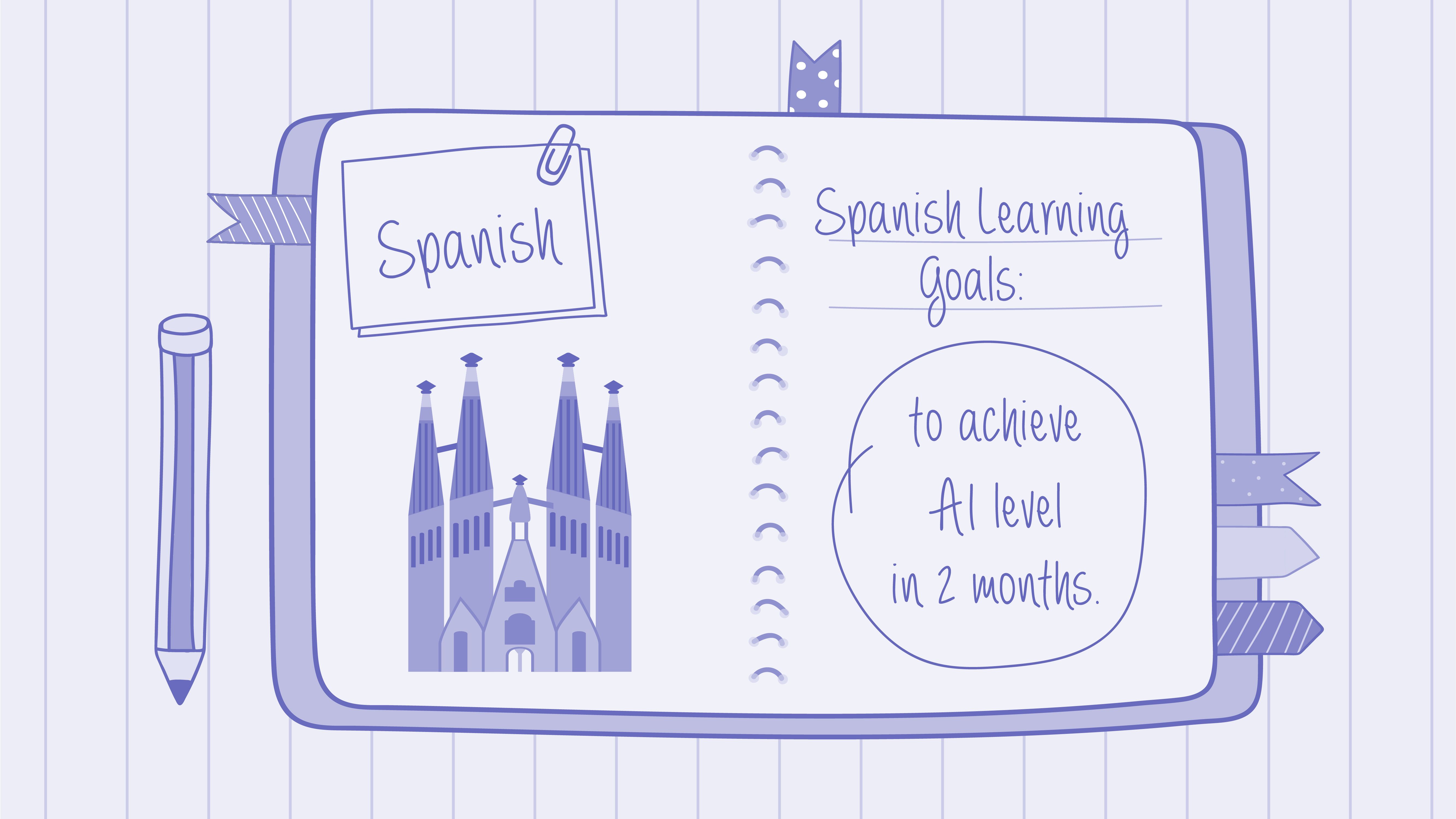 Soren writes down his Spanish learning goals in the notebook, the most important one says, “reaching A1 level in 2 months.”