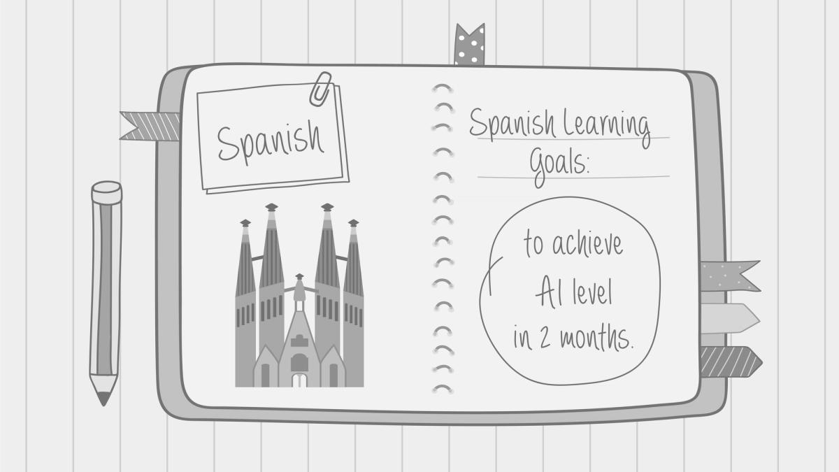 Soren writes down his Spanish learning goals in the notebook, the most important one says, “reaching A1 level in 2 months.”