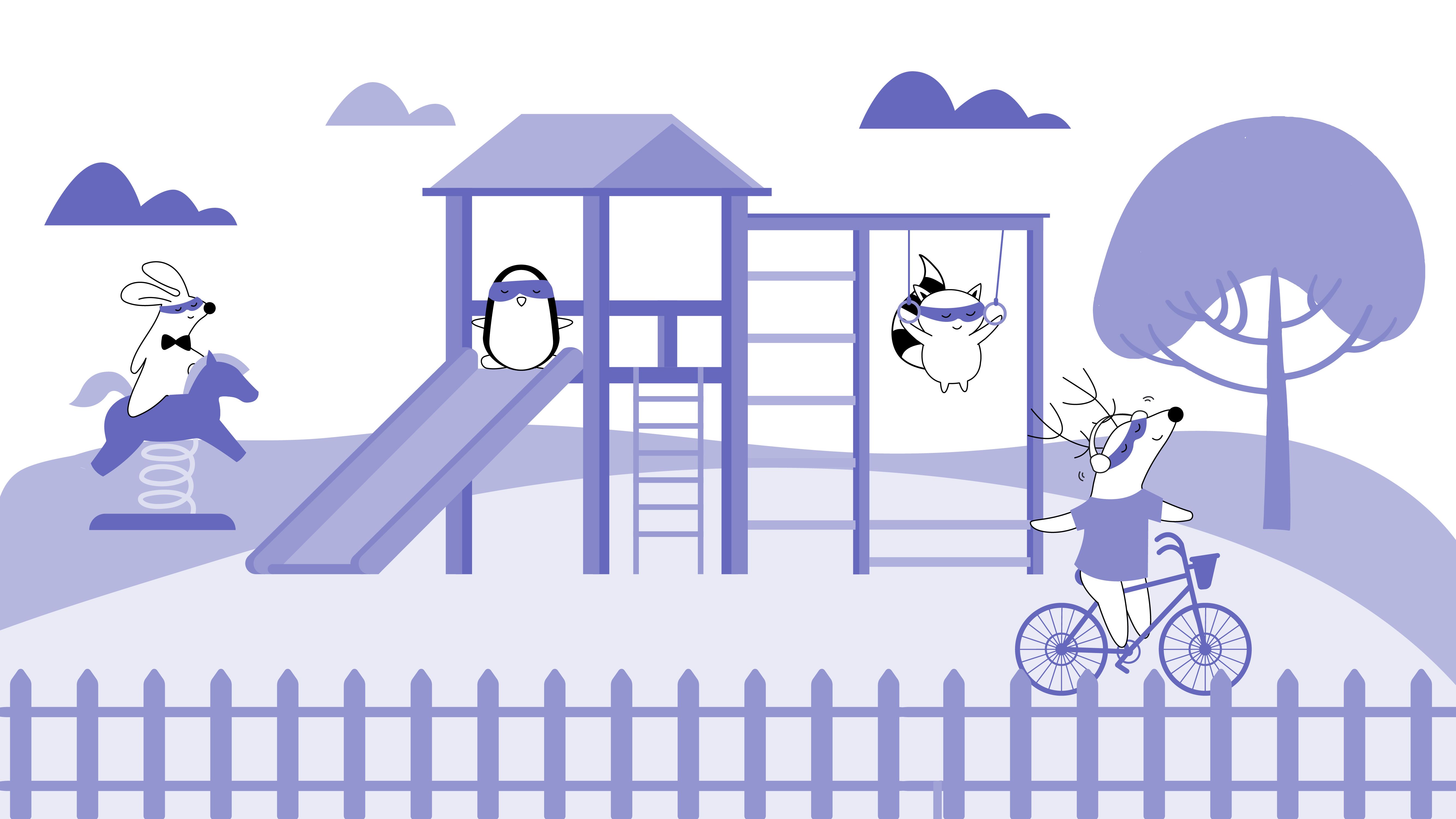 Soren, Benji, Pocky, and Iggy as kids, playing in the park behind the school.