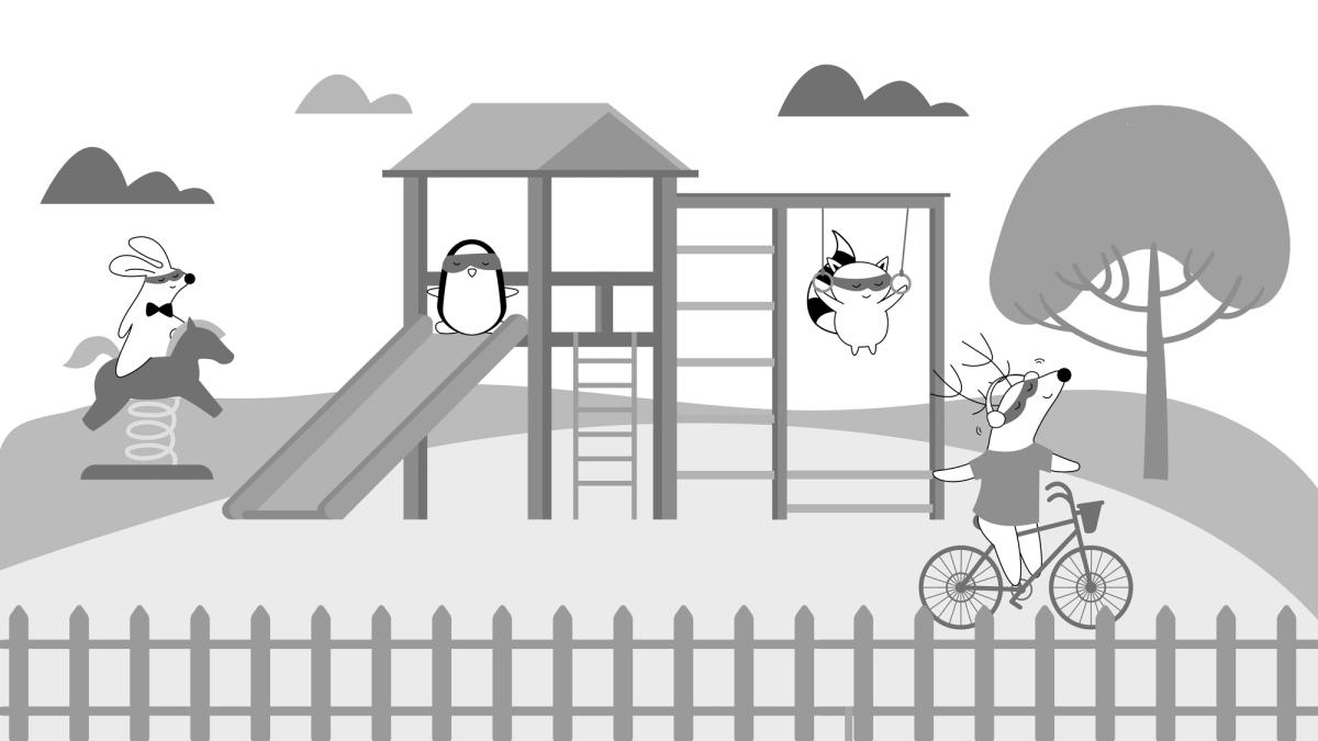 Soren, Benji, Pocky, and Iggy as kids, playing in the park behind the school.