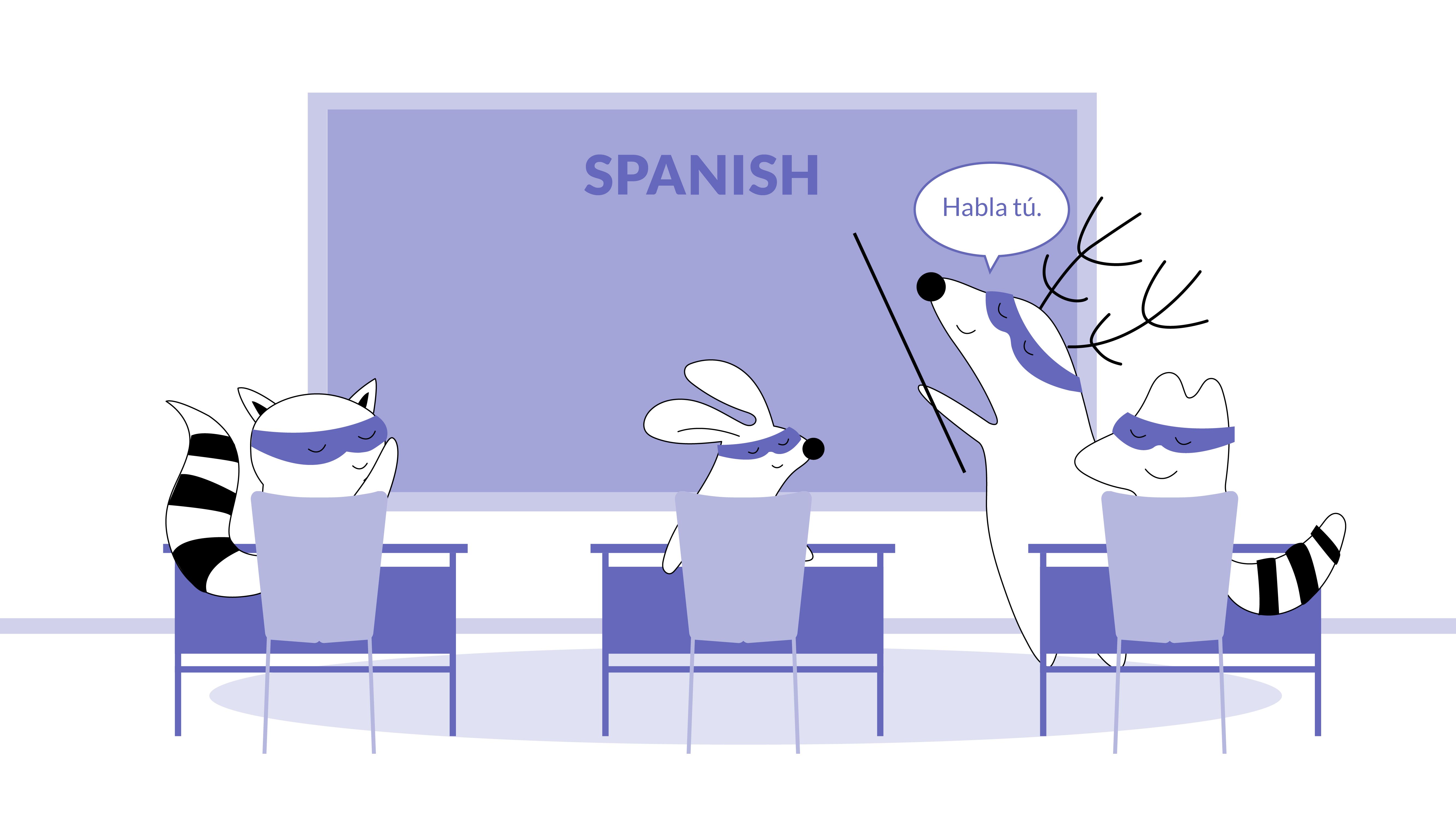Benji and Pocky are in the Spanish classroom. Soren is the teacher and tells Pocky, who’s raising his hand, “Habla tú.”