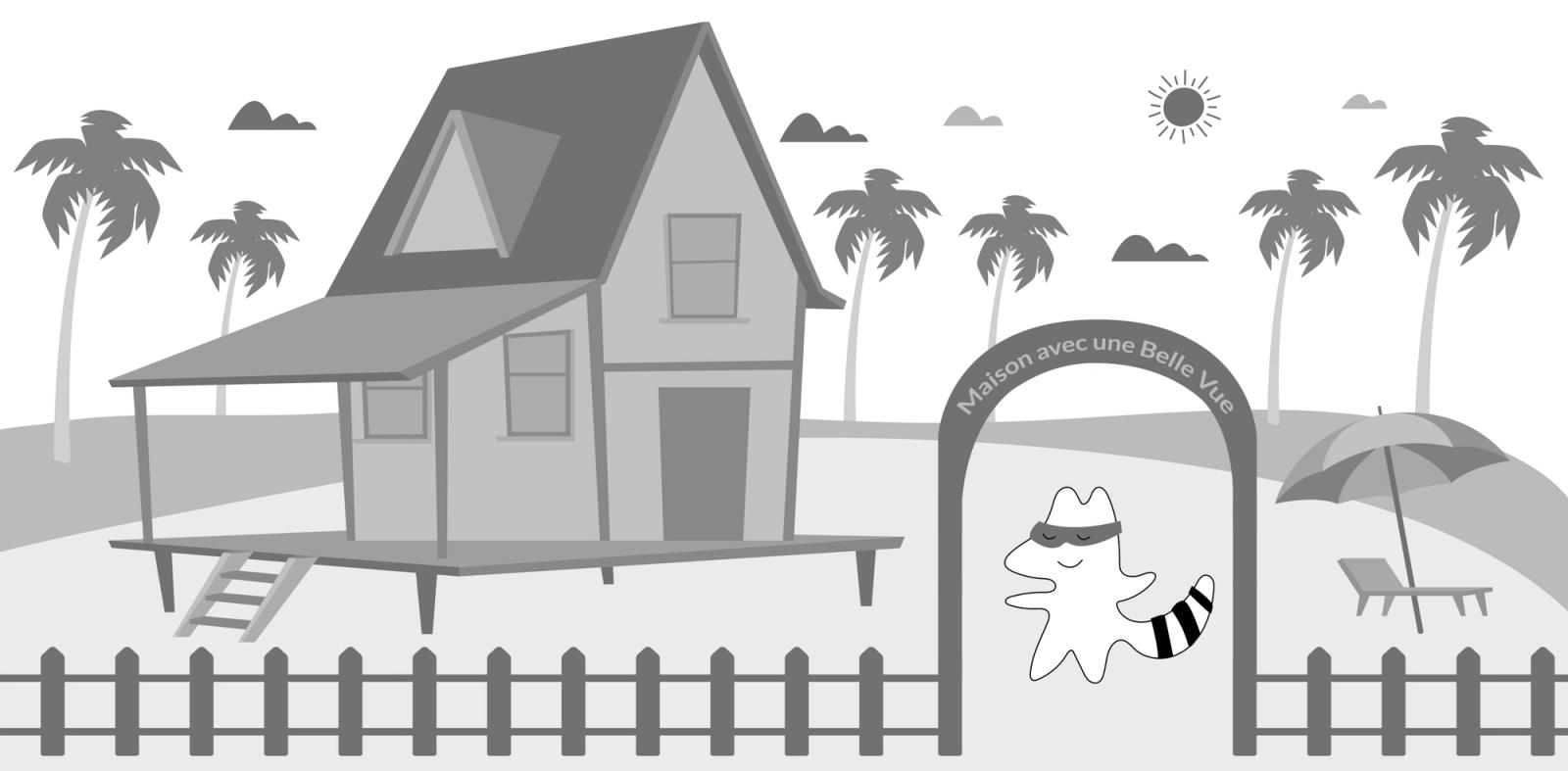 Iggy stands in front of the huge beach house, it has “Maison avec une Belle Vue” written on its gates.
