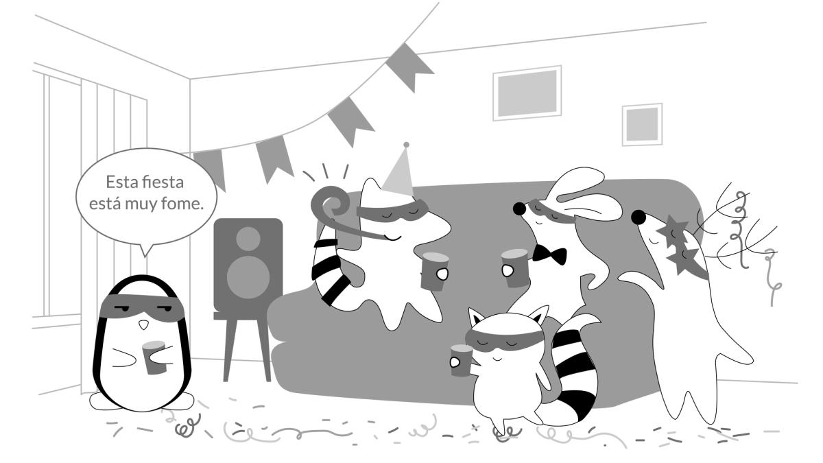 Pocky and Benji at a party, looking bored, Benji says "esta fiesta está muy fome."