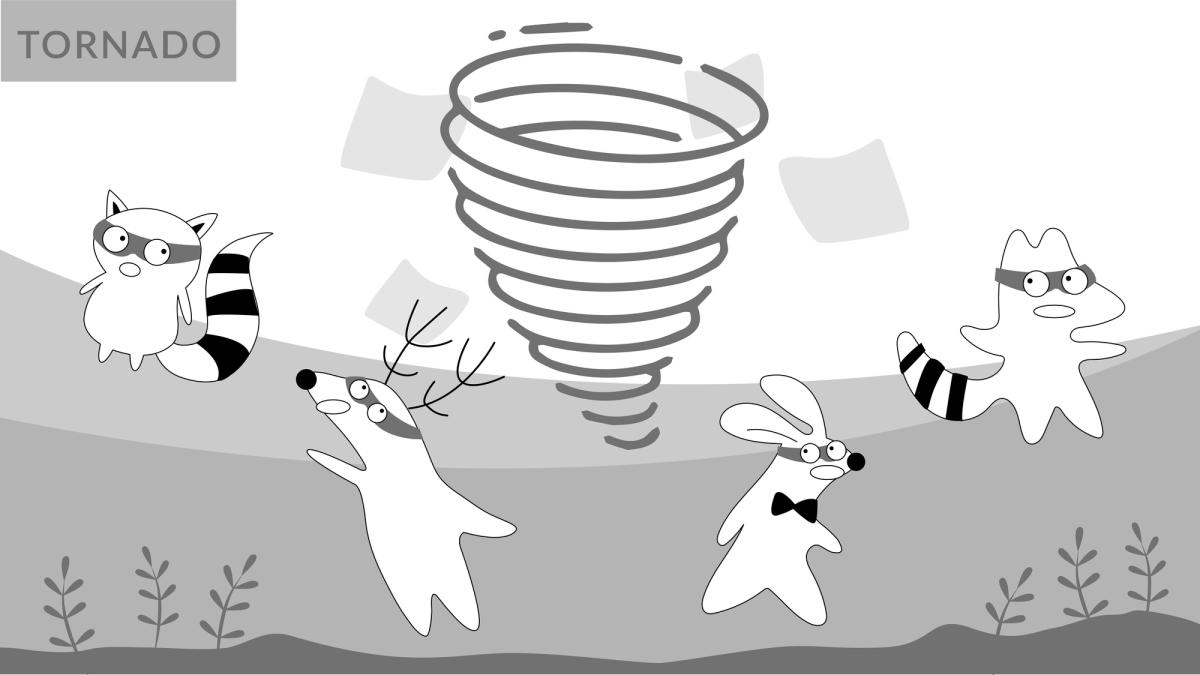Pocky, Soren, Iggy, and Benji are all running in different directions, away from a tornado. The word “TORNADO” is in the upper right corner