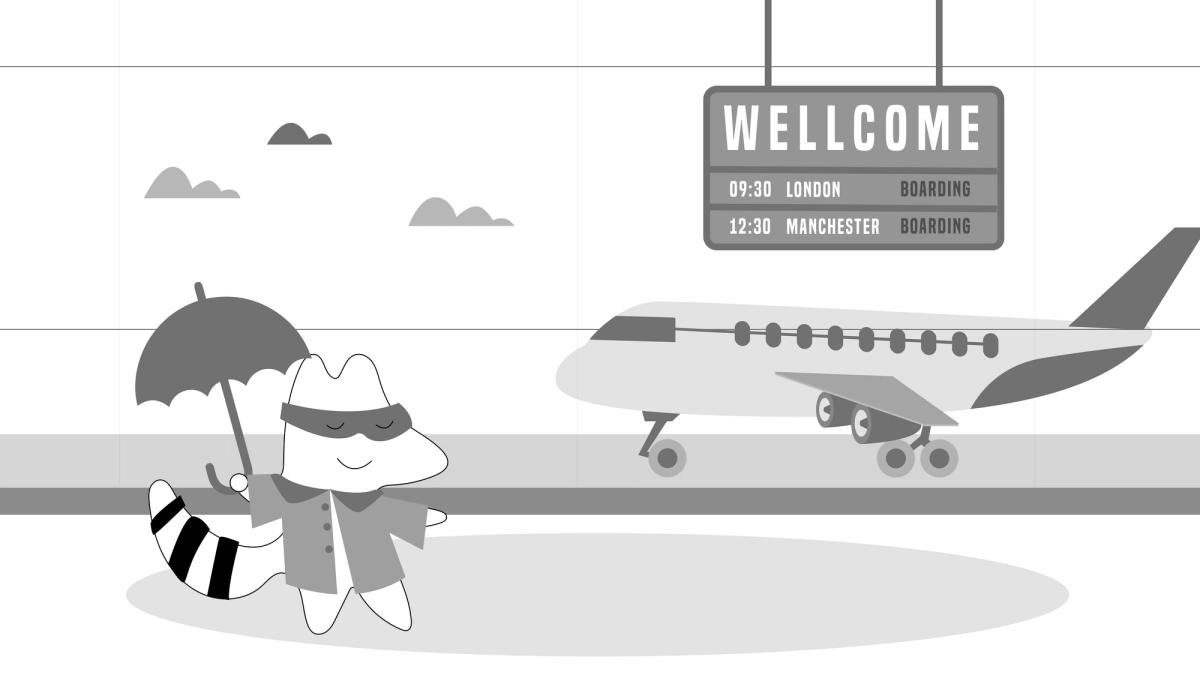 Iggy about to board a plane, dressed in rain clothes and umbrella as he’s going to London.