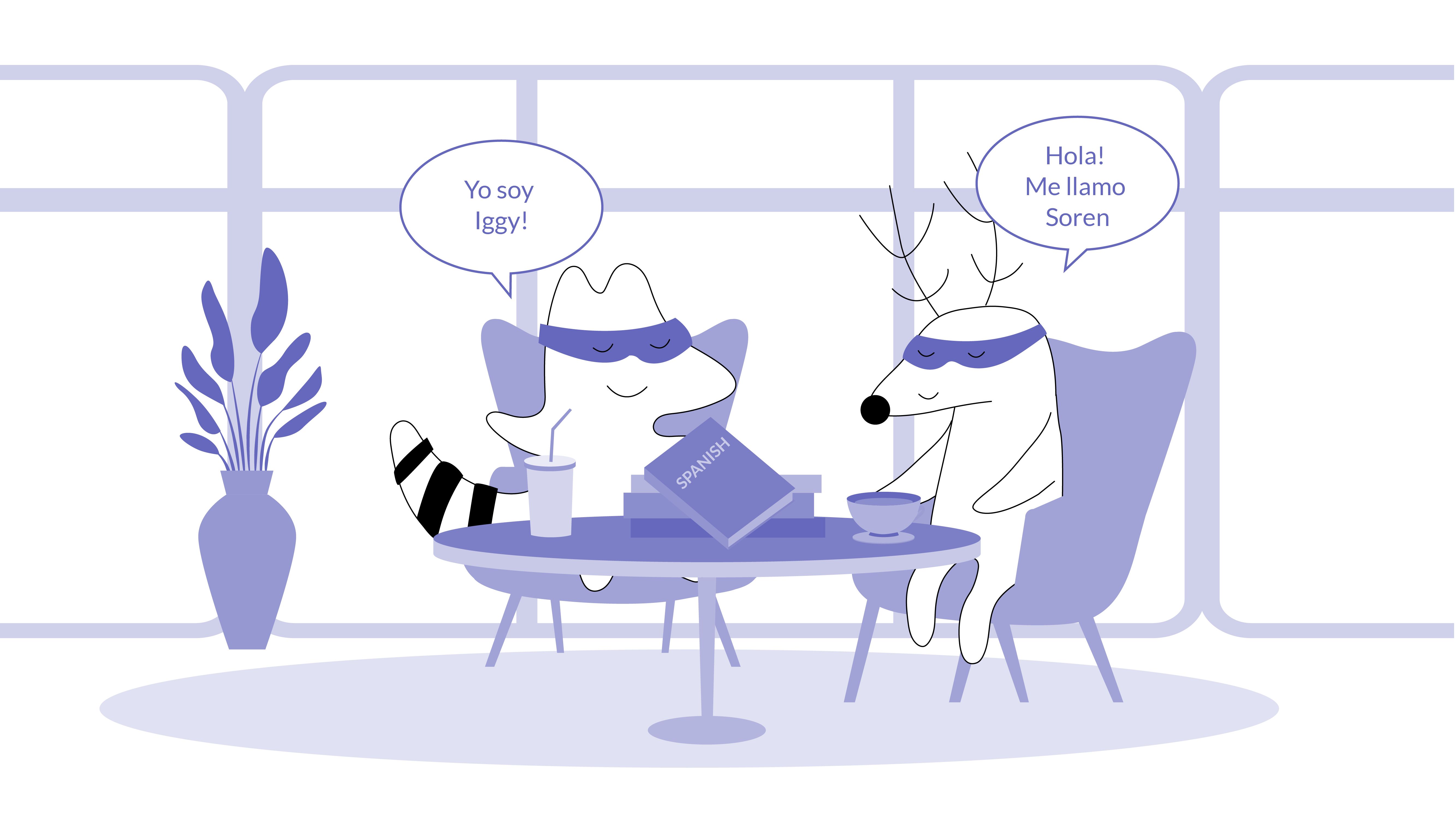 Soren and Iggy sitting at a restaurant, Soren saying “Hola! Me llamo Soren” and Iggy answering “Yo soy Iggy!”.