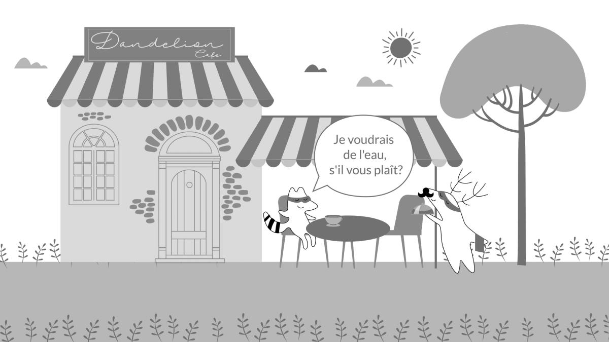 Iggy’s at the Parisian cafe, says to the waiter, “Je voudrais de l'eau, s'il vous plaît?”