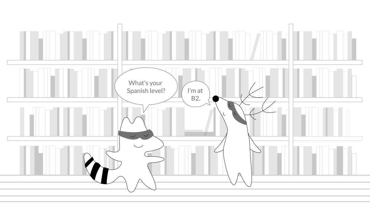 Iggy and Soren having a conversation. Iggy asks "what's your Spanish level?" and Soren answers "I'm at B2".
