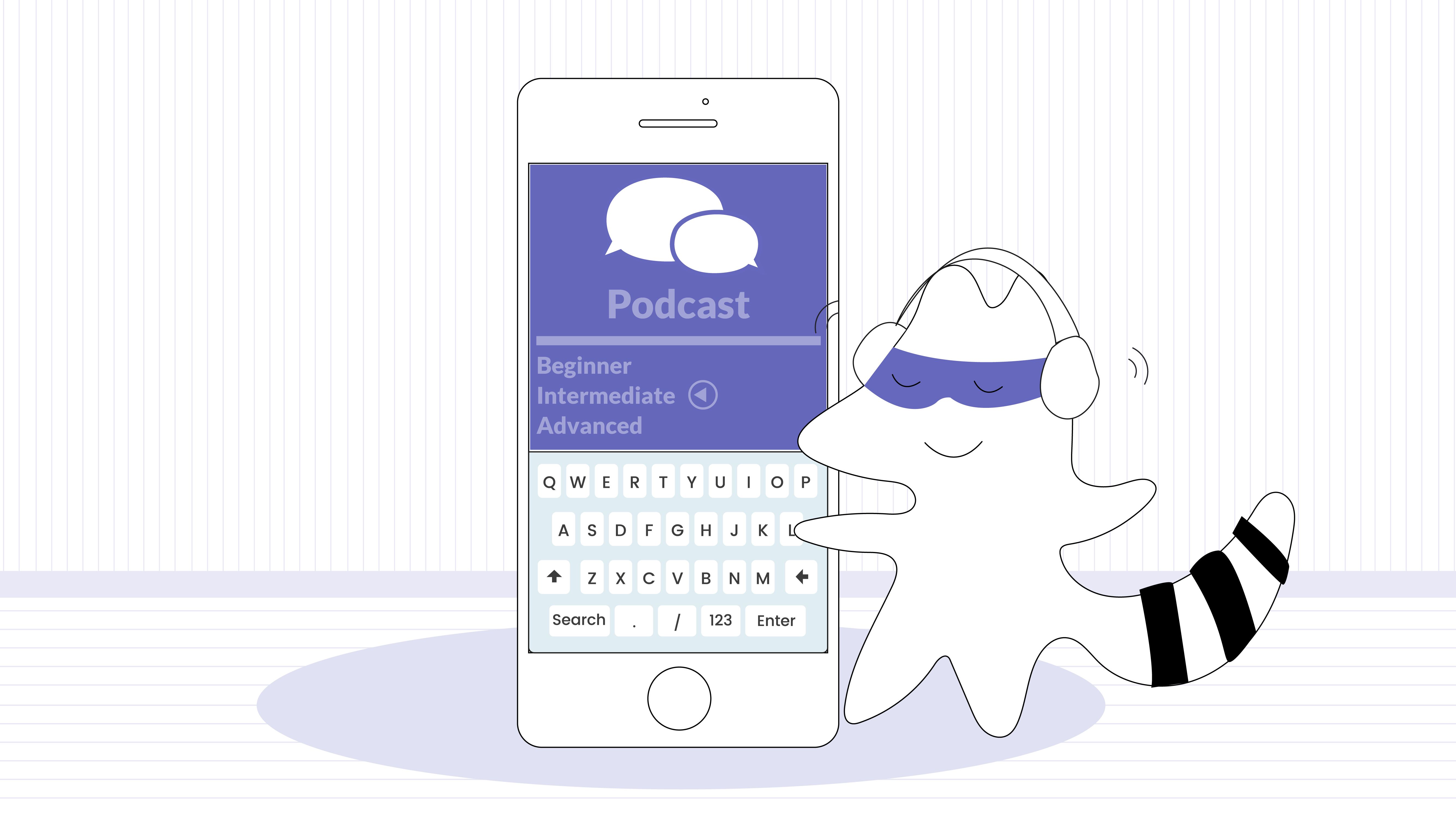 Iggy chooses from three language levels in the podcast’s interface: Beginner, Intermediate, or Advanced. She taps on the “play” button next to “Intermediate.”