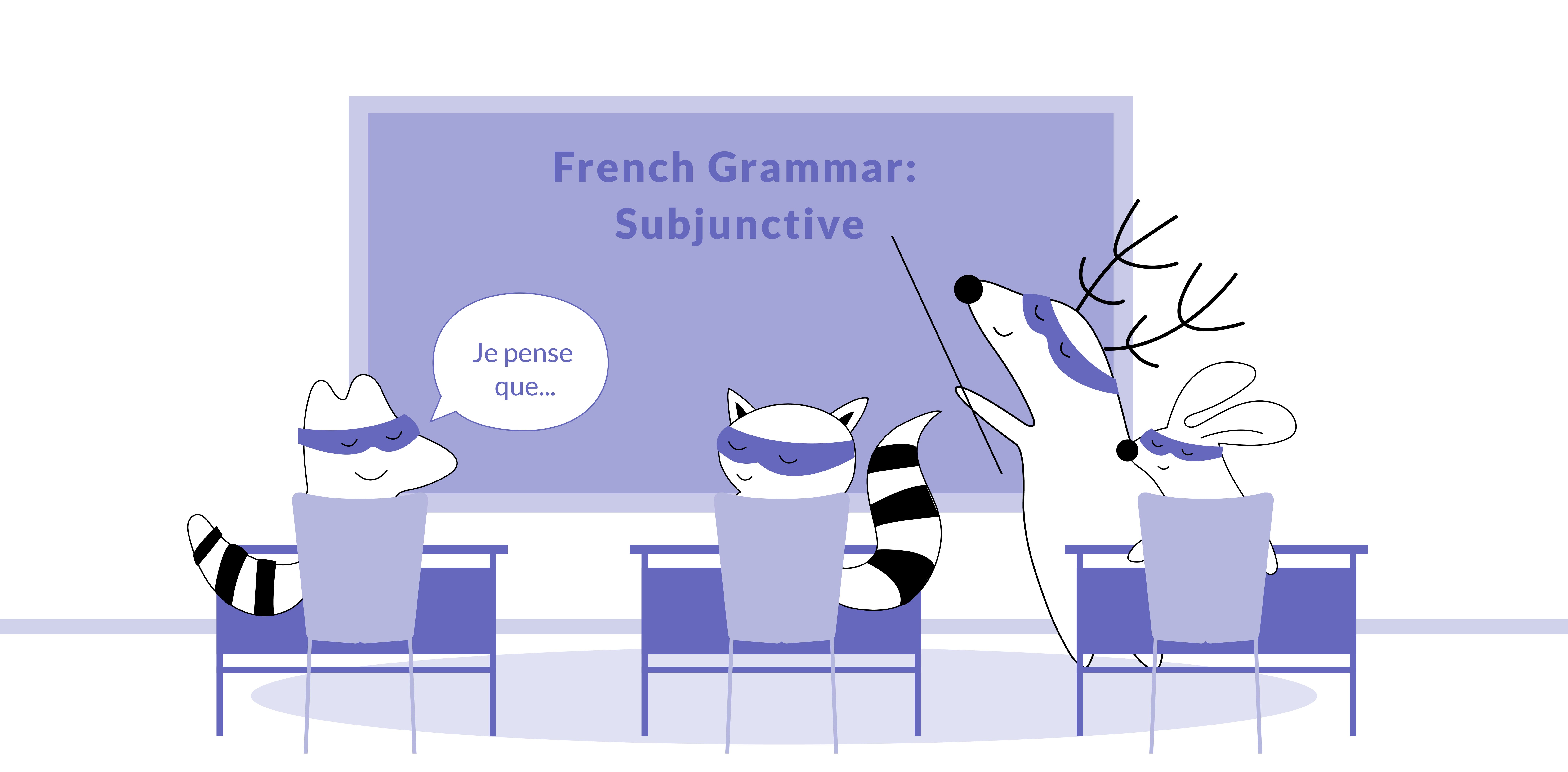Iggy and other characters in a classroom. Iggy with his hand raised saying “Je pense que…”