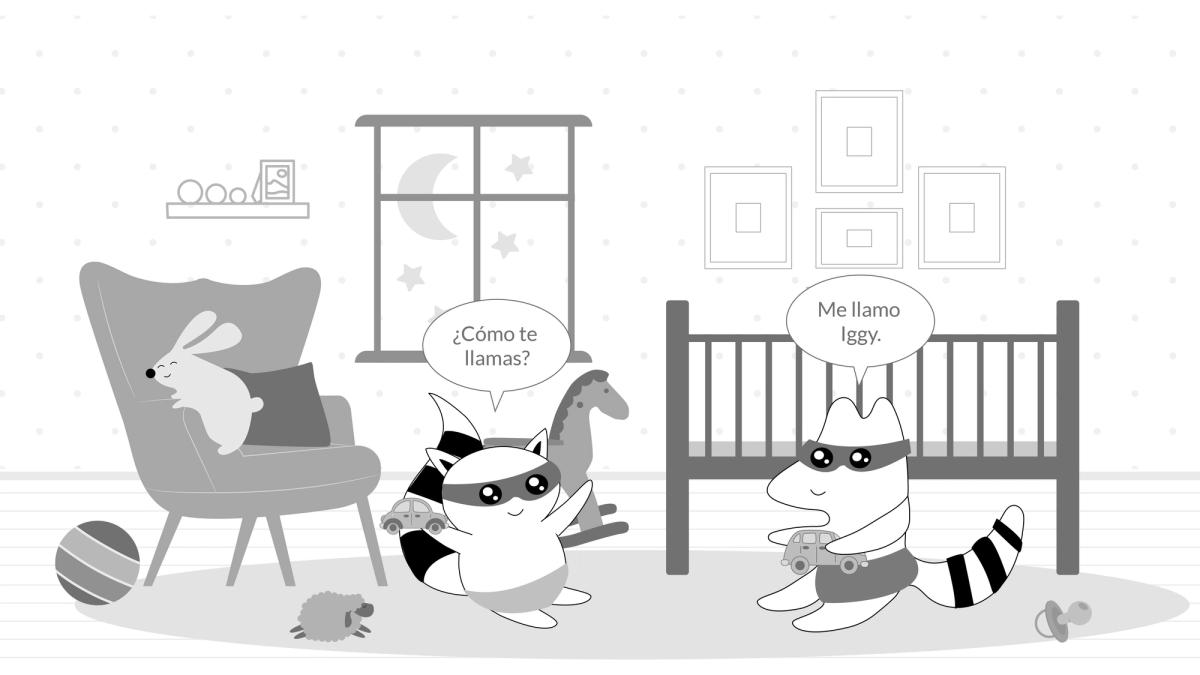 Pocky and Benji are playing at the playground with cars. Benji says “¿Cómo te llamas?” and Pocky says “Me llamo Pocky.”
