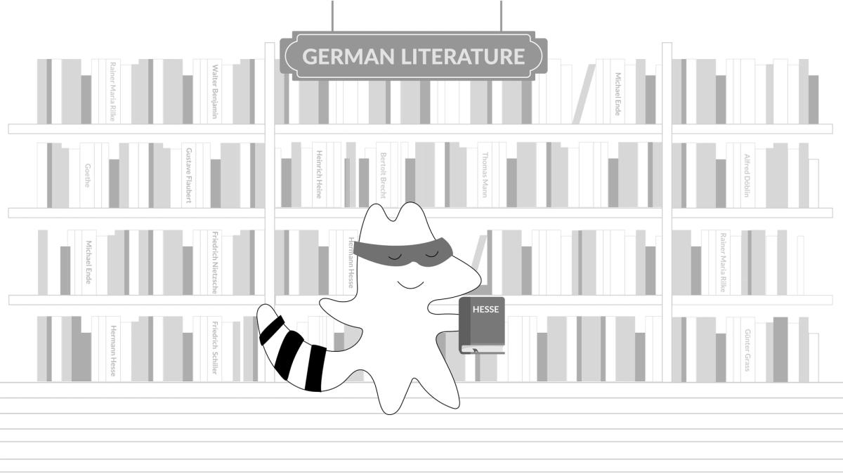 Iggy now chooses a book from a German Literature shelf.