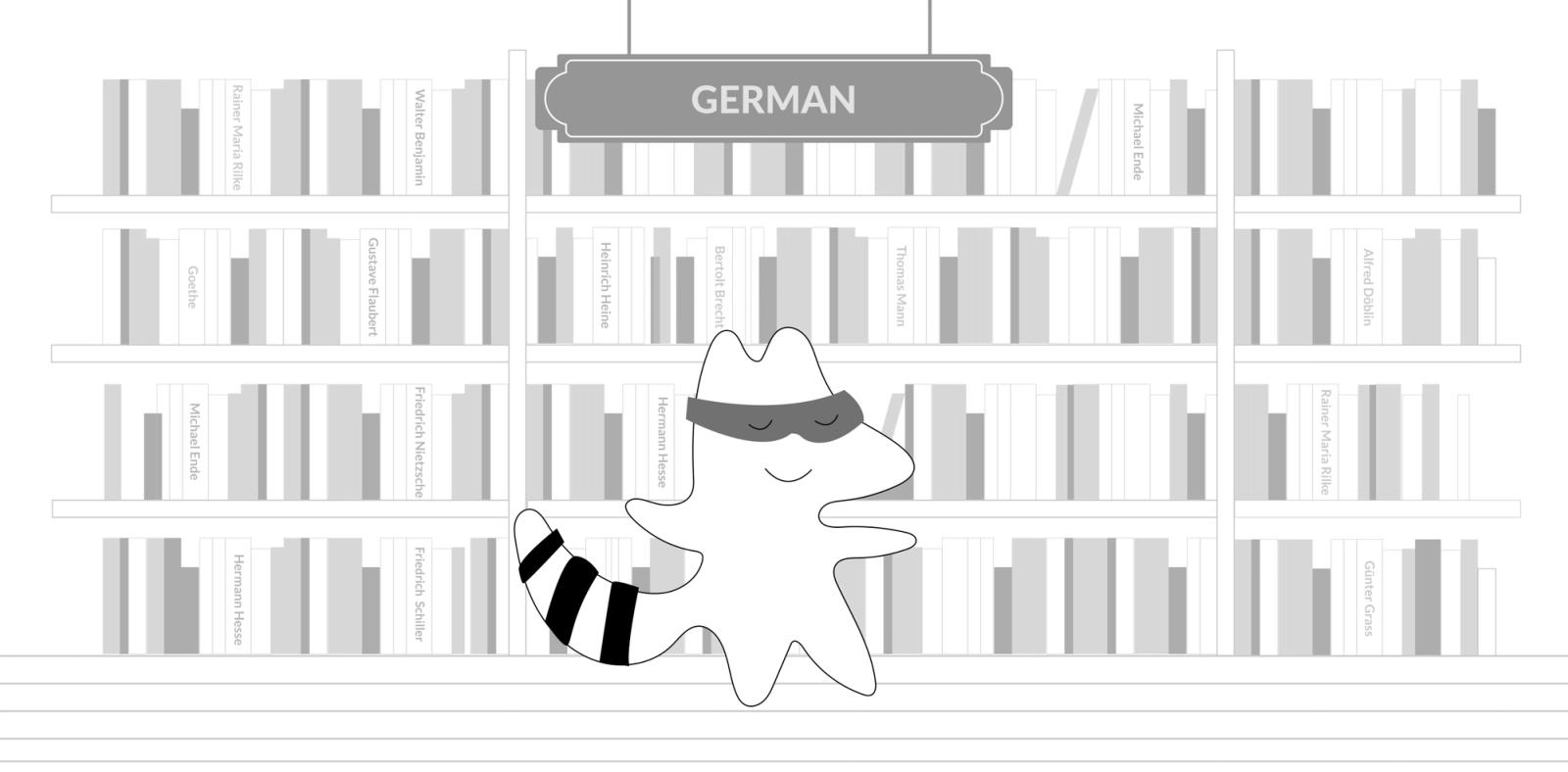 Iggy stands in front of a huge, floor-to-ceiling bookshelf, picking a book.