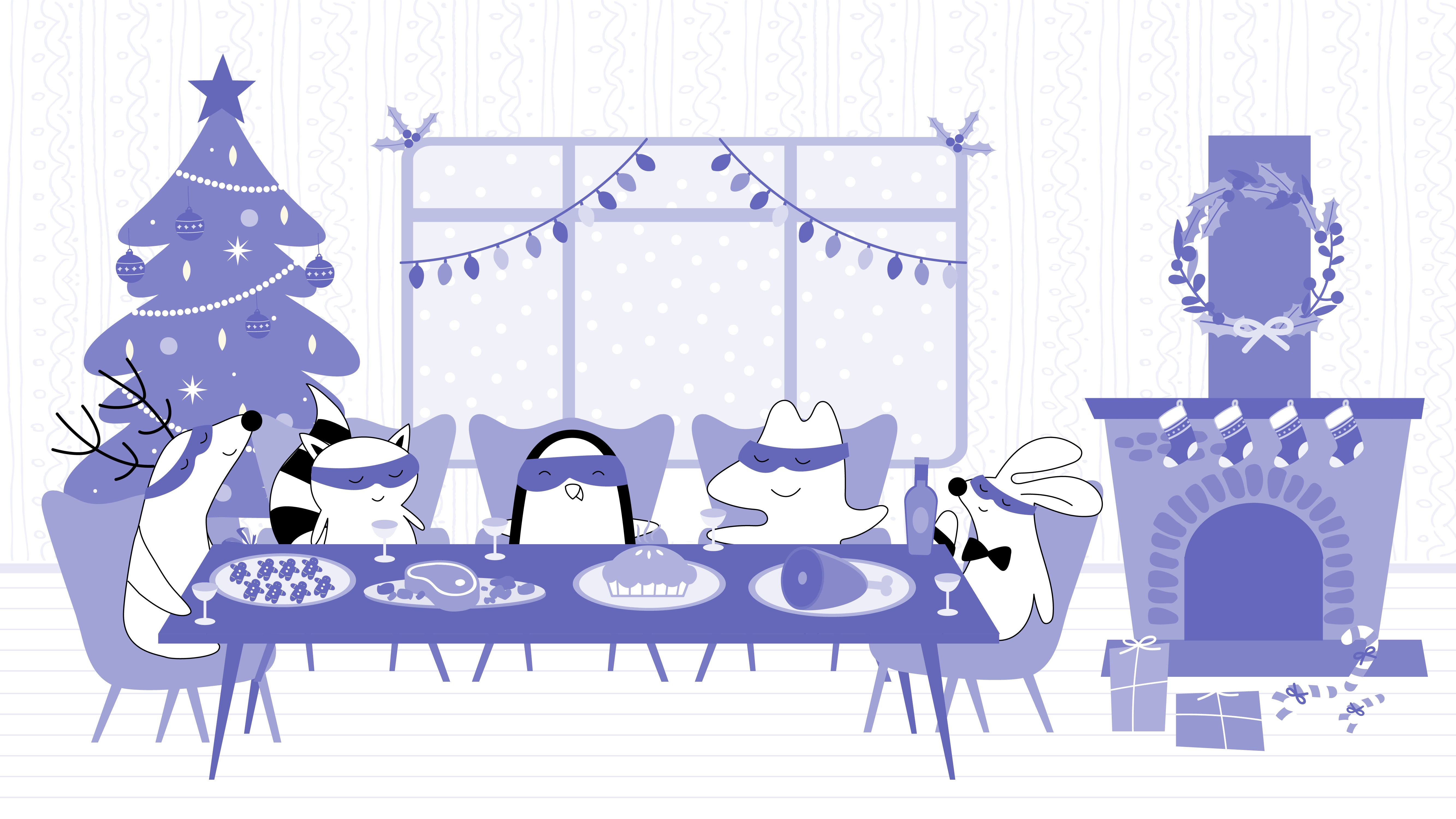 Iggy, Soren, Benji, and Pocky are sitting at the table full of traditional Spanish Christmas treats and cava wine.