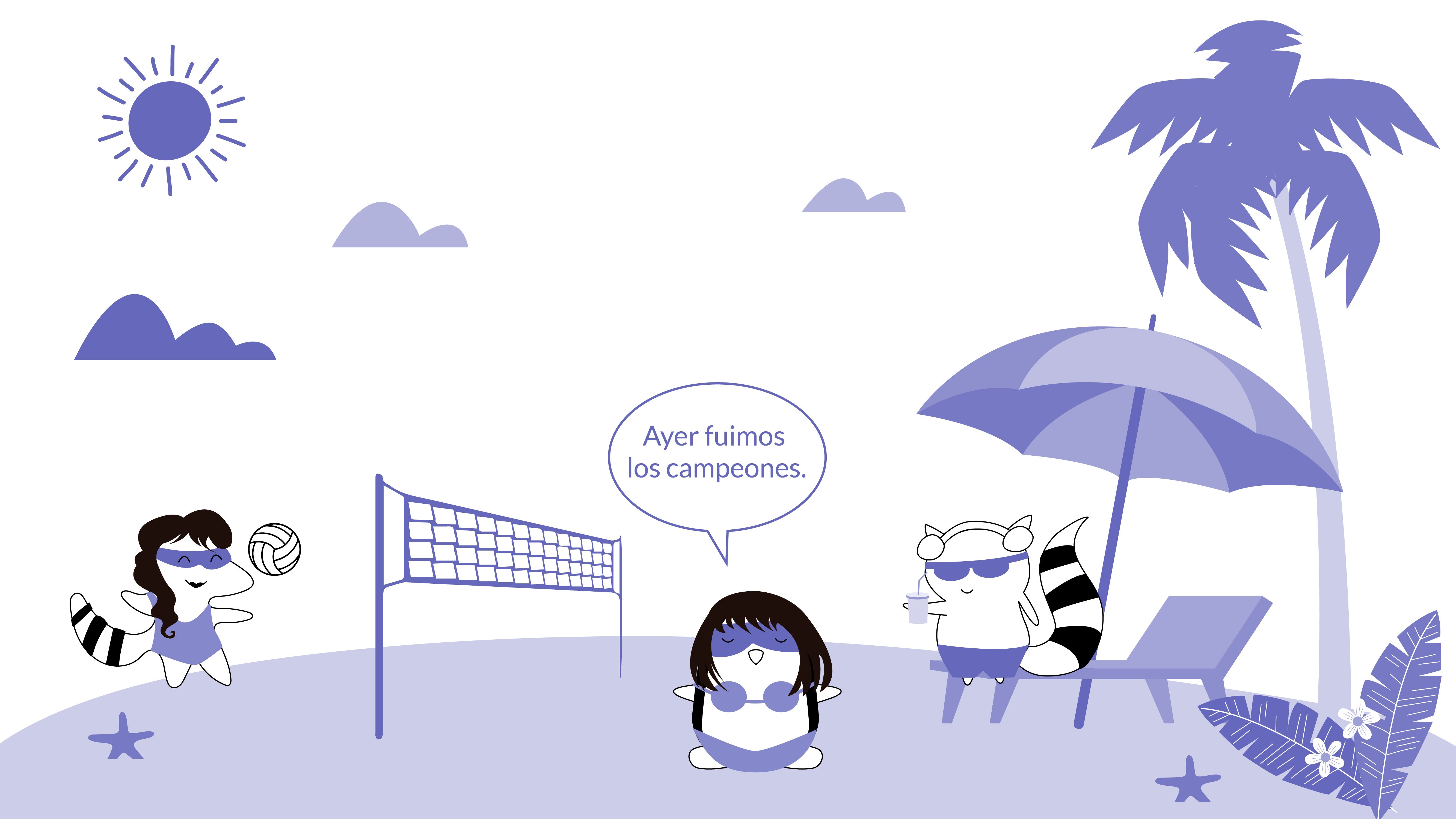 Pocky on the beach with Benji, playing volleyball, saying, “Ayer fuimos los campeones.”