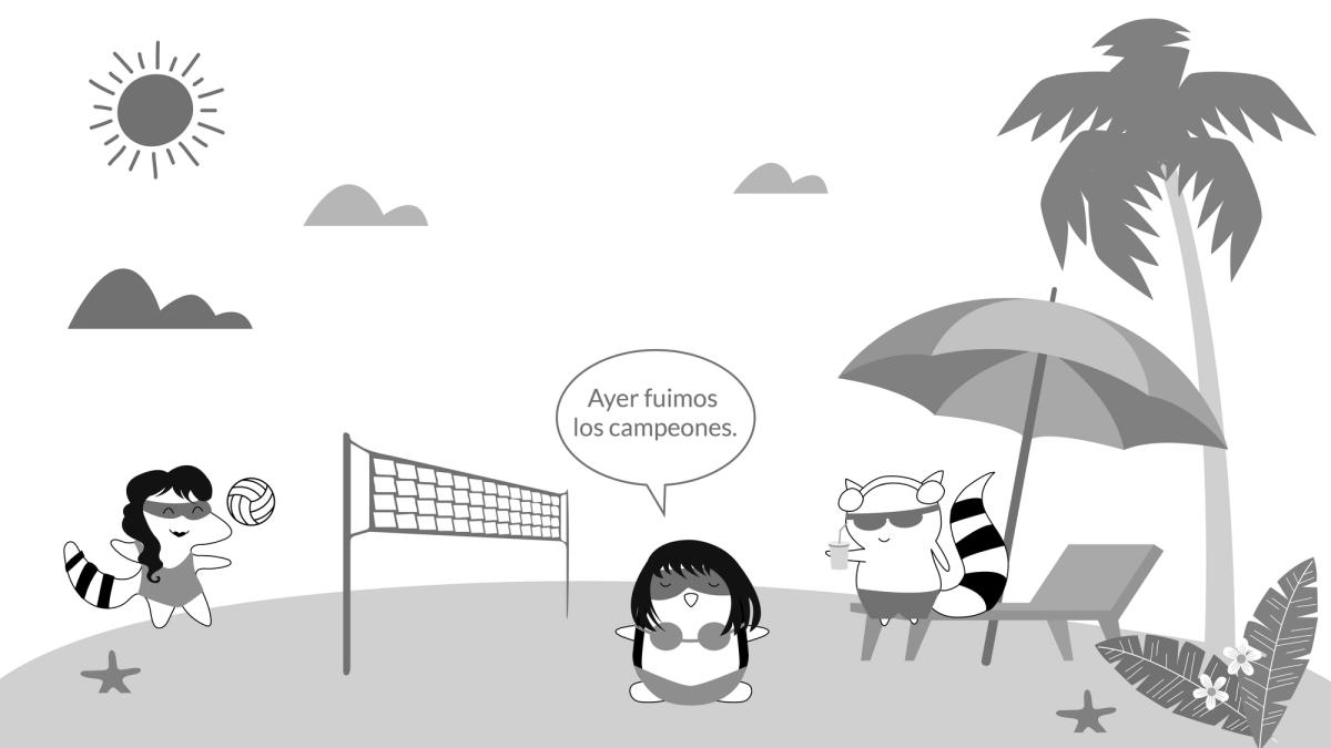 Pocky on the beach with Benji, playing volleyball, saying, “Ayer fuimos los campeones.”