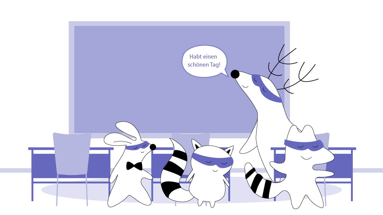 Iggy’s saying goodbye to the class, and Soren, Pocky, and Benji are all leaving the room. She says, “Have a nice day!”