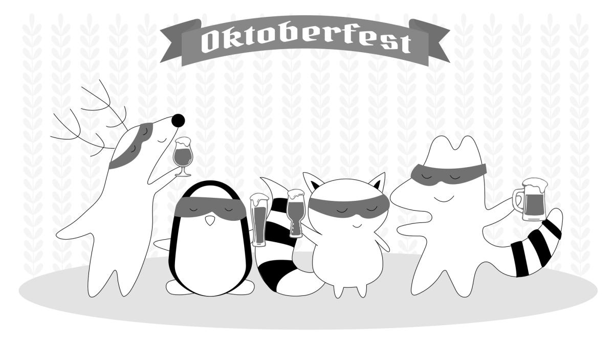 Iggy, Pocky, Benji, and Soren are toasting with their beer glasses — each has a different glass shape for a different beer type. Everyone’s saying, “Prost!”