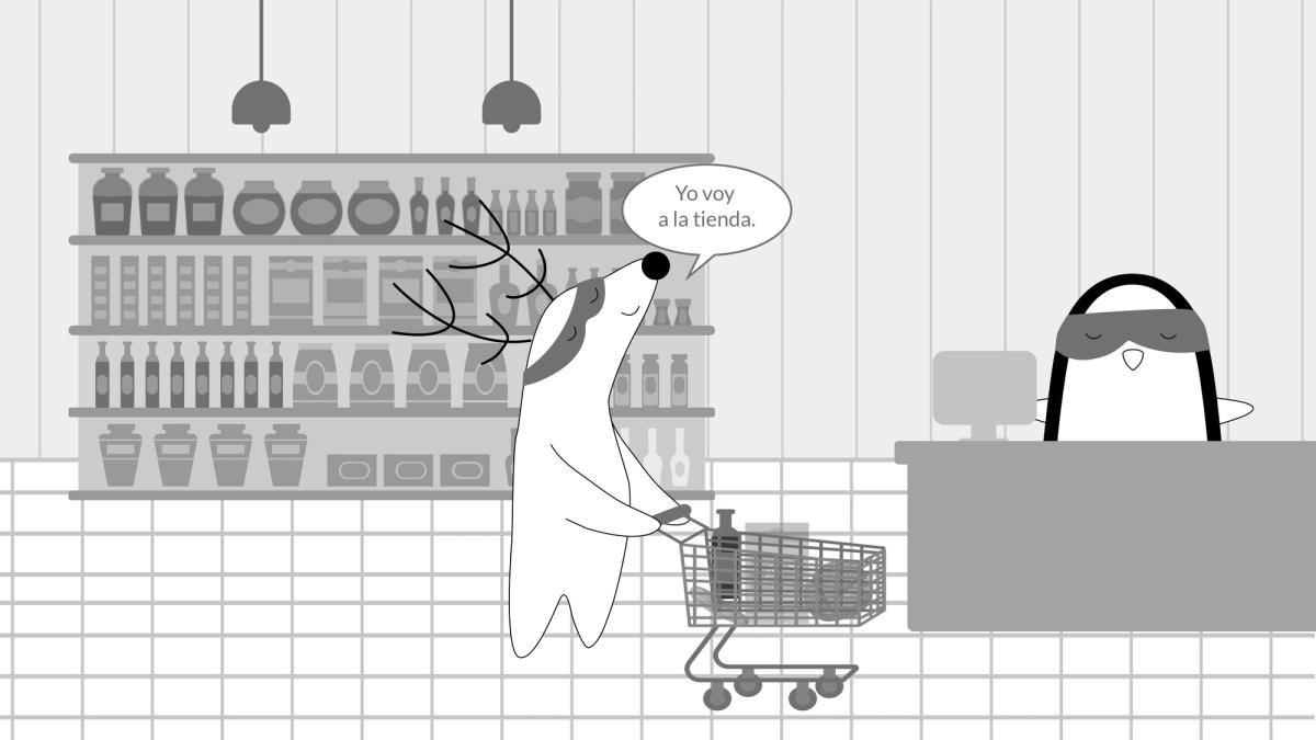 Soren is at the store buying groceries, saying, “Yo voy a la tienda.”