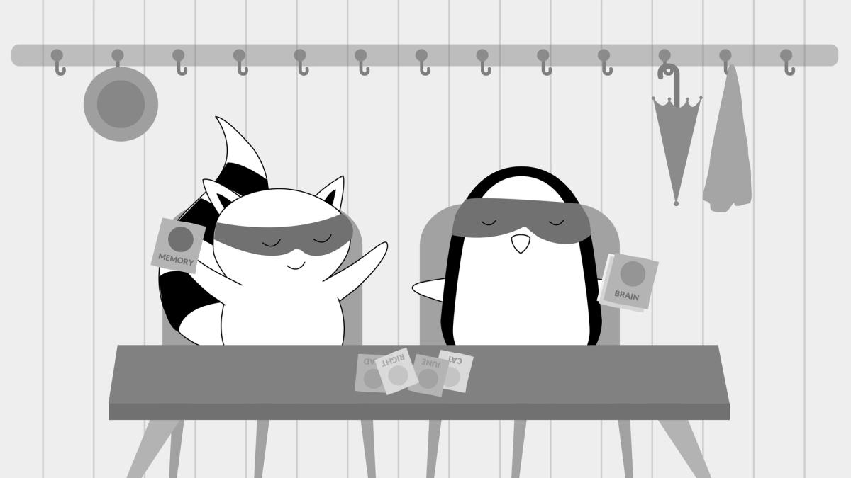 Benji and Pocky are in the classroom, drawing some flashcards.