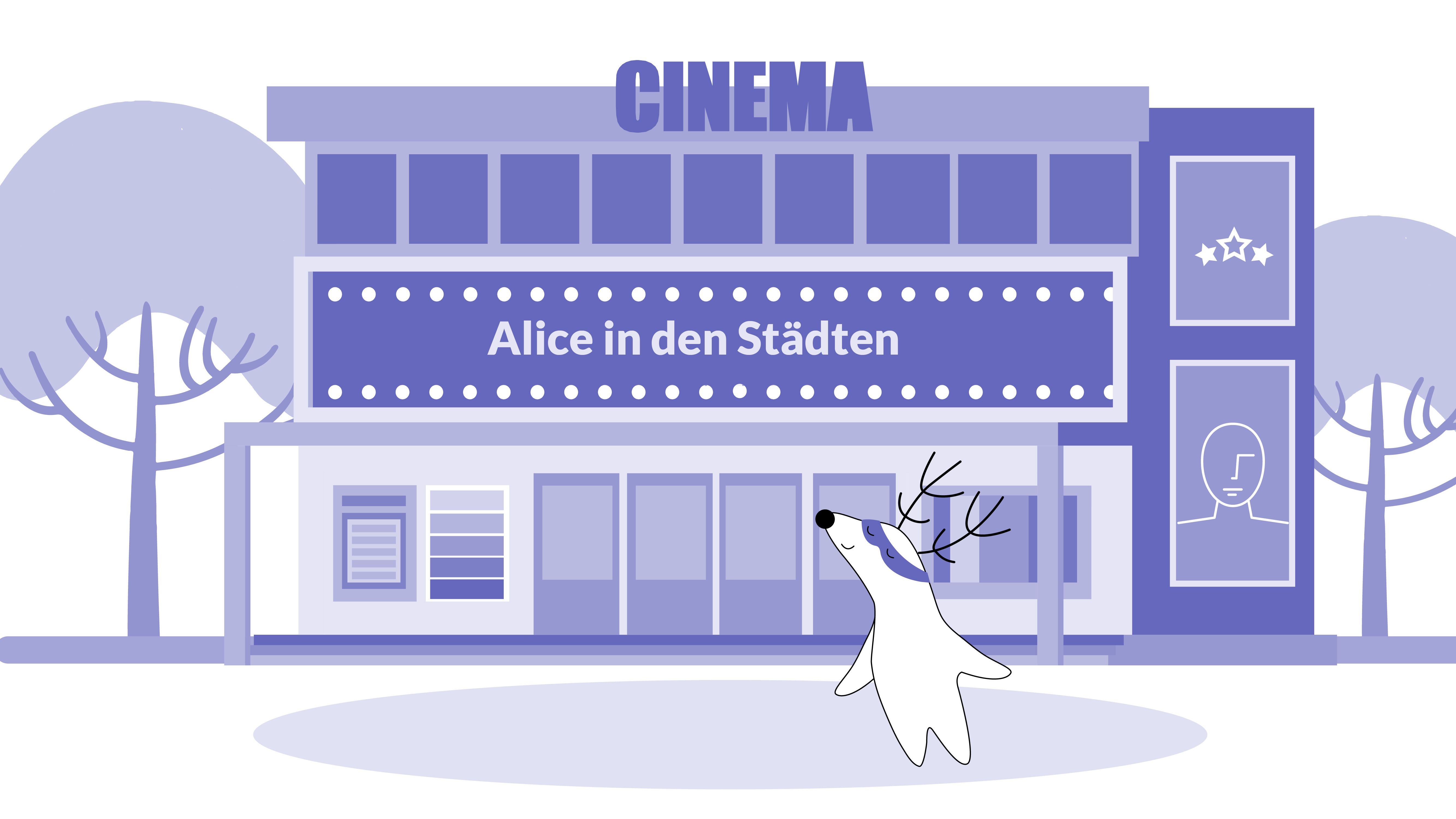 Soren enters the cinema to see Wim Winders’s film Alice in den Städten (Alice in the Cities).
