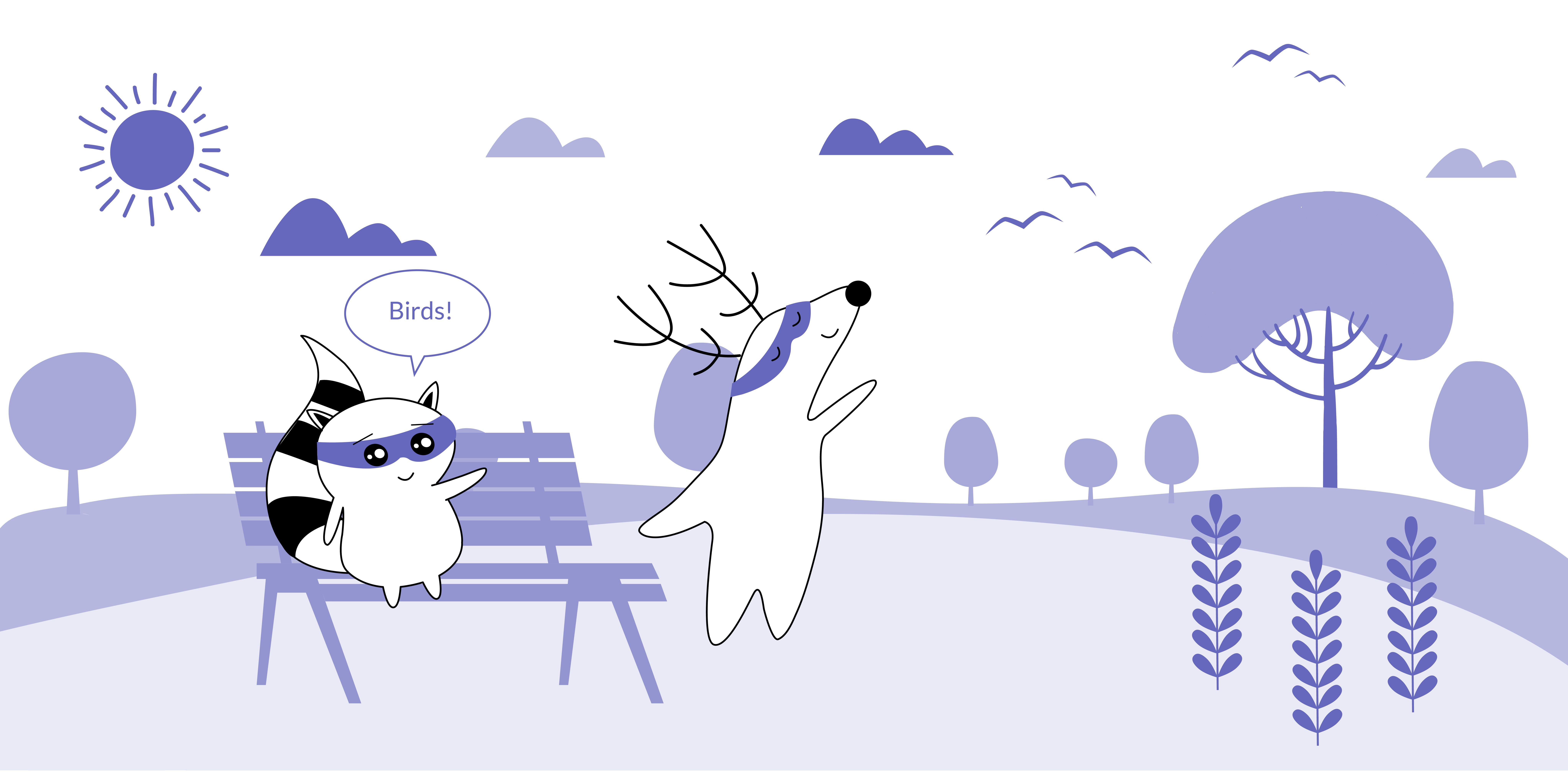 Benji and Soren are walking around in nature, seeing some birds flying above.