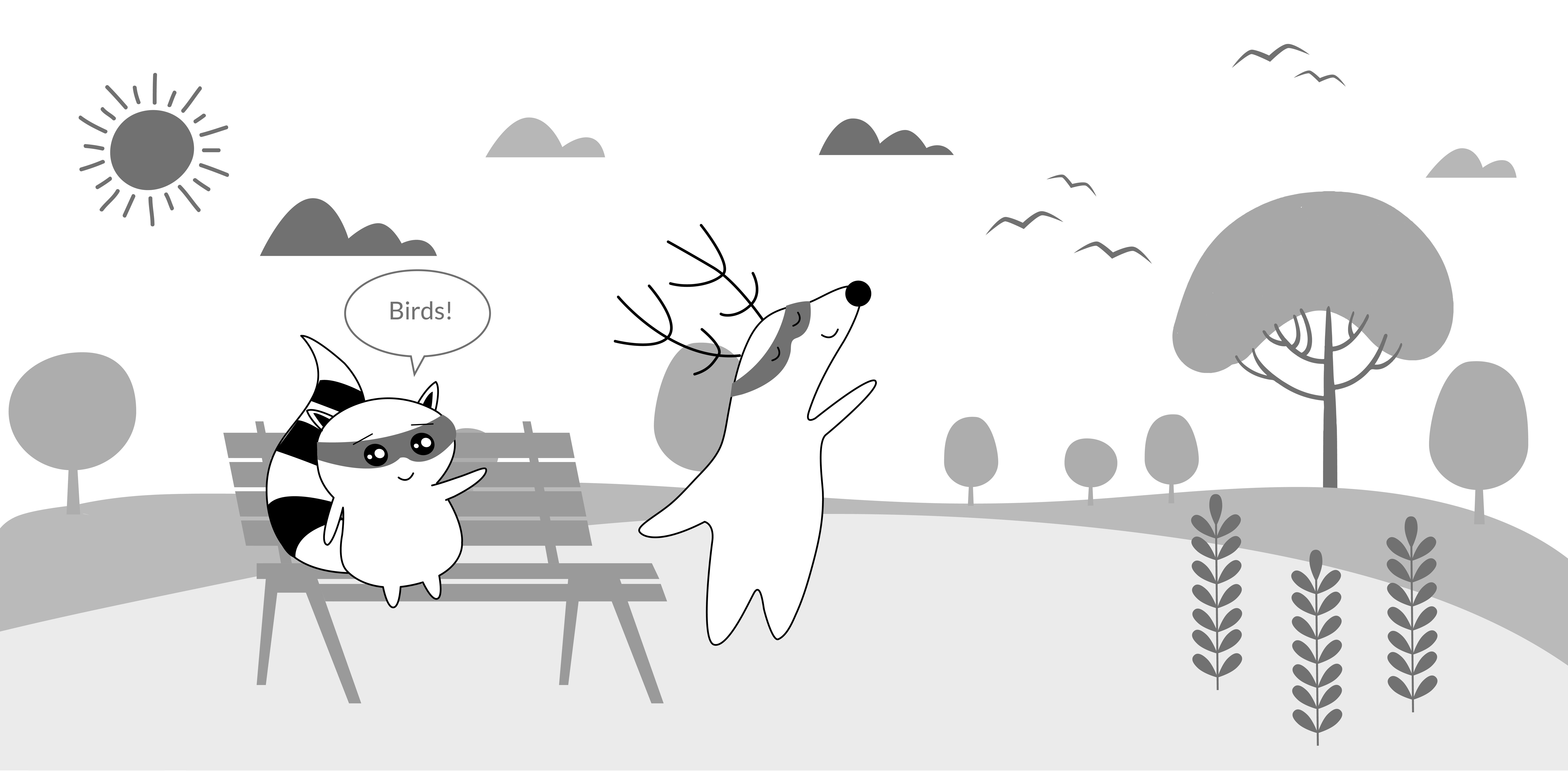Benji and Soren are walking around in nature, seeing some birds flying above.