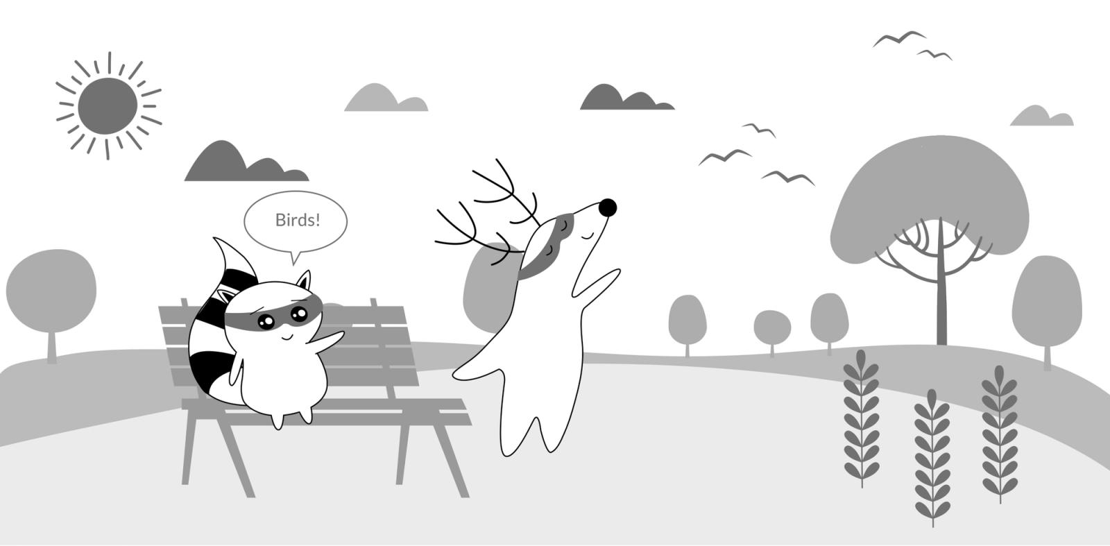 Benji and Soren are walking around in nature, seeing some birds flying above.