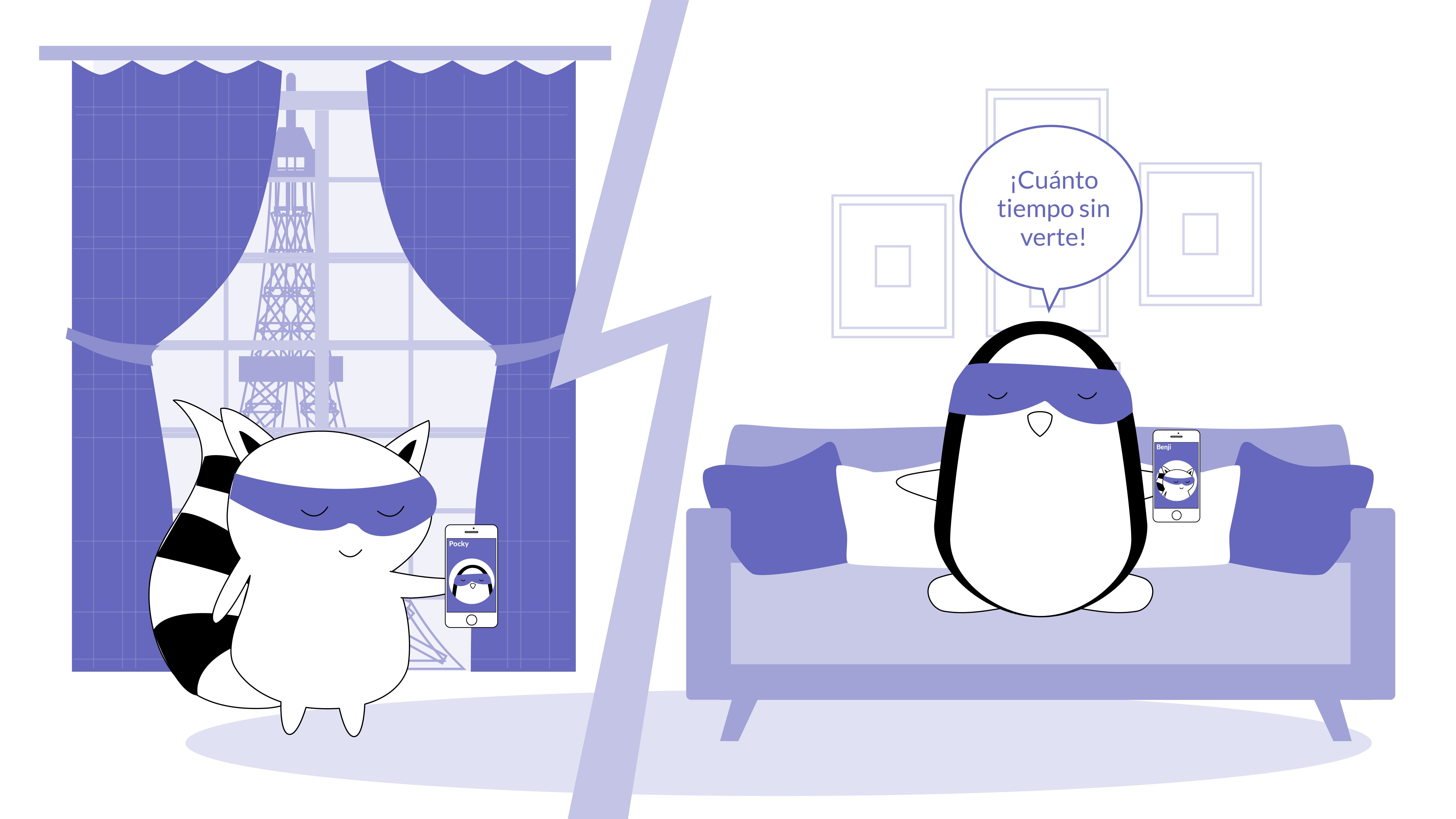 Benji and Pocky are speaking on the phone in two different countries, Pocky says, “¡Cuánto tiempo sin verte!”