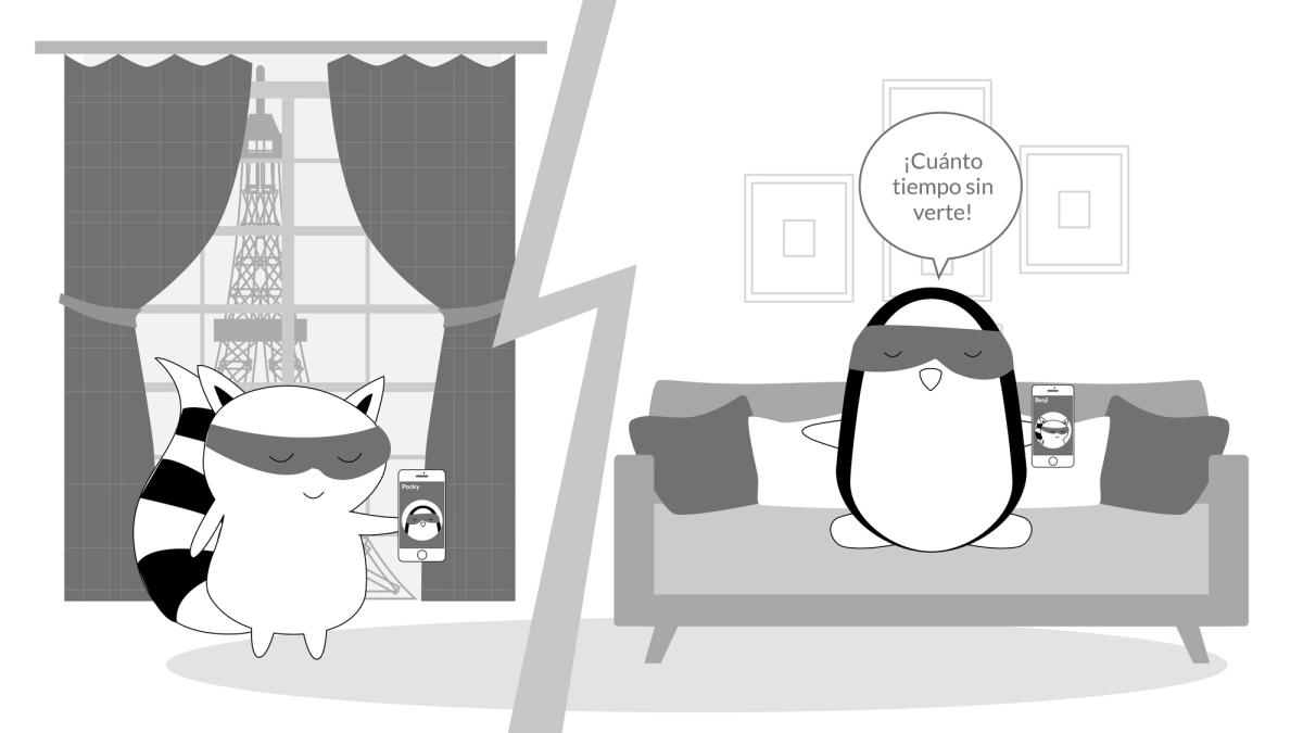 Benji and Pocky are speaking on the phone in two different countries, Pocky says, “¡Cuánto tiempo sin verte!”
