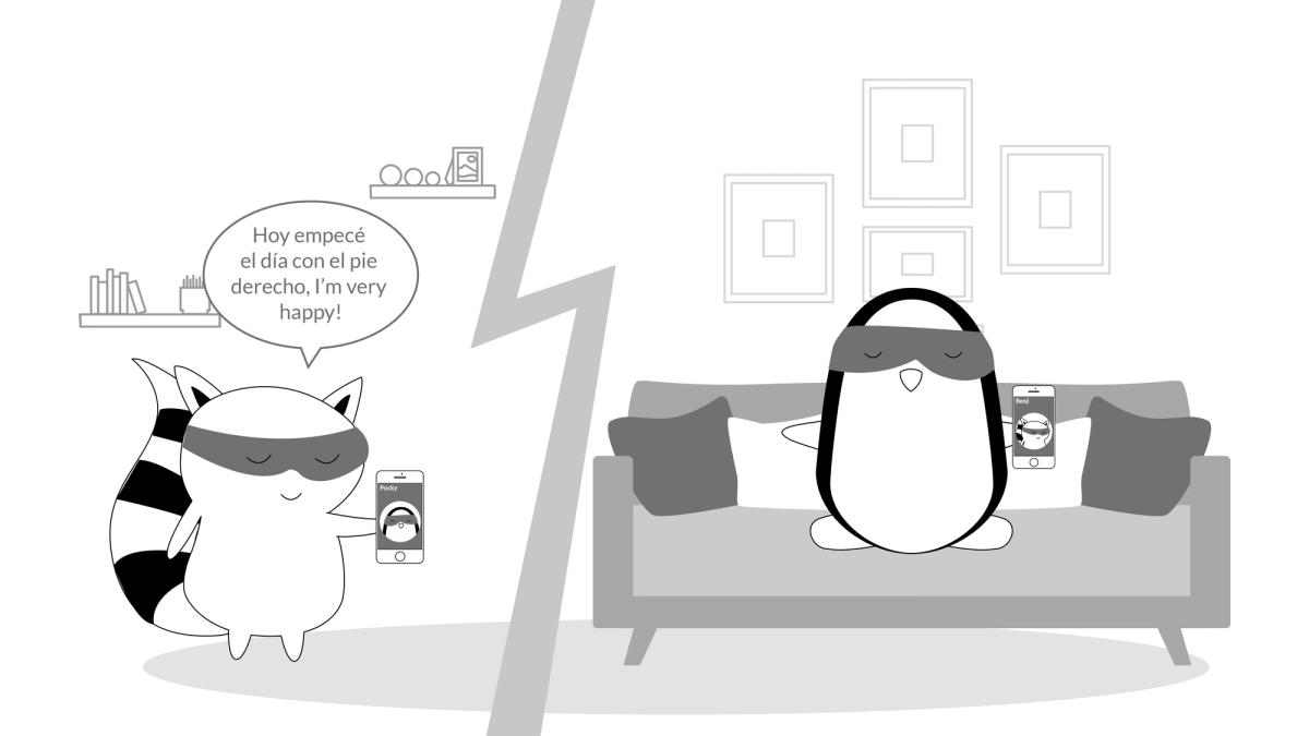Benji is talking to Pocky on the phone and saying, “Hoy empecé el día con el pie derecho, I’m very happy.”