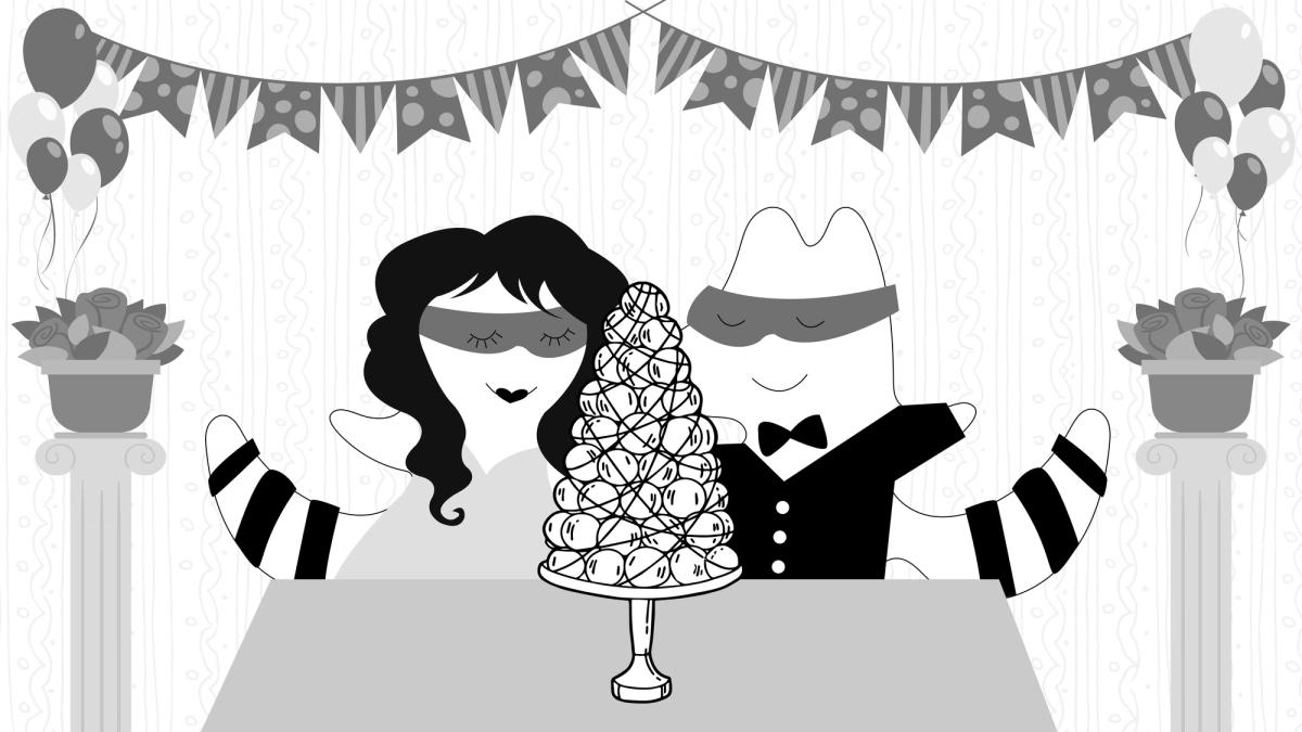 Characters eating the French croquembouche.
