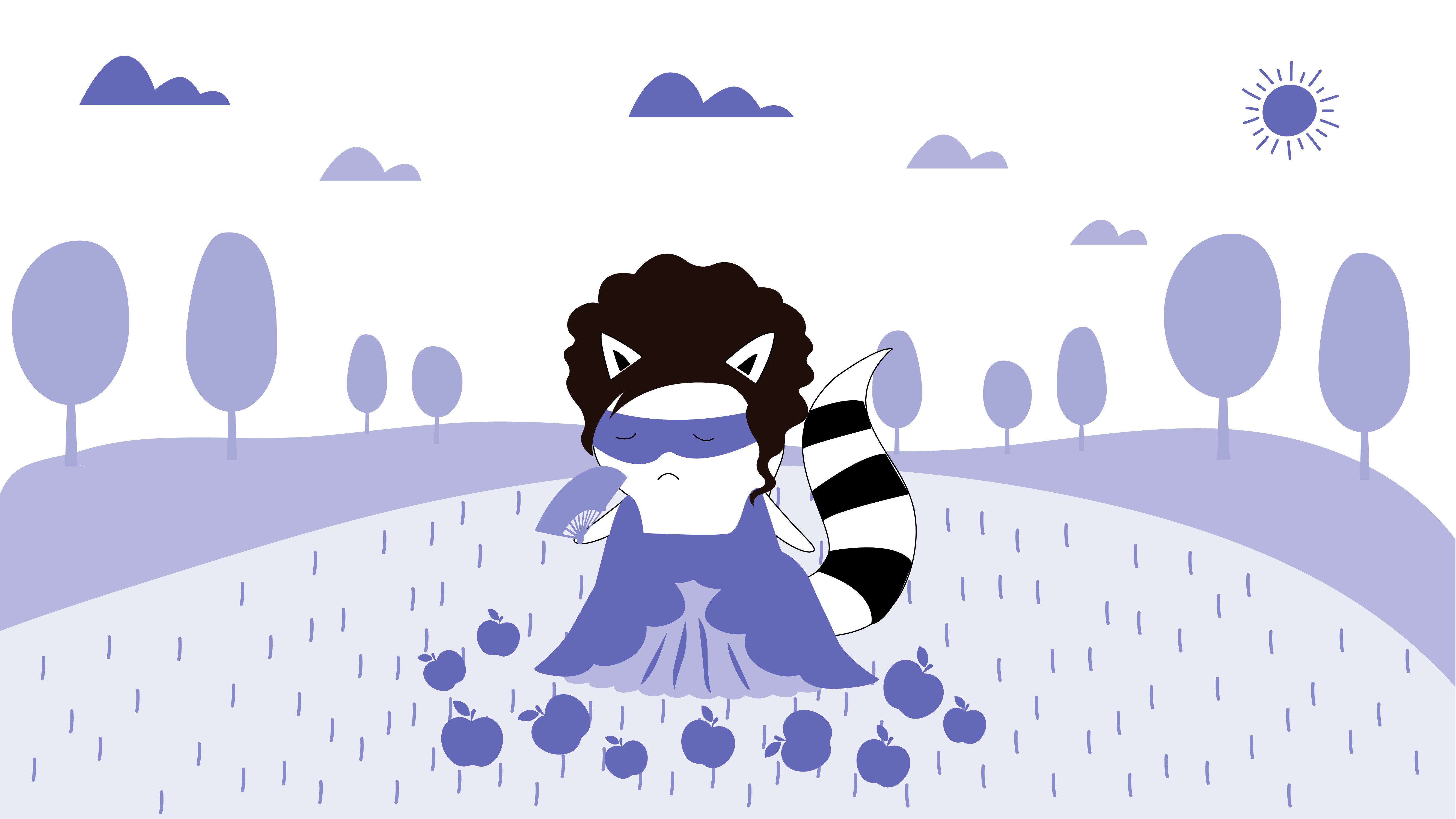 a character-girl wearing historical clothing (looking like a baroness or something) losing consciousness on a pile of apples