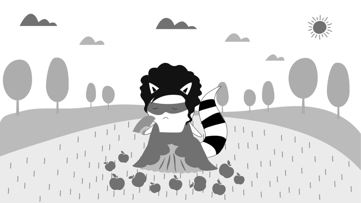 a character-girl wearing historical clothing (looking like a baroness or something) losing consciousness on a pile of apples