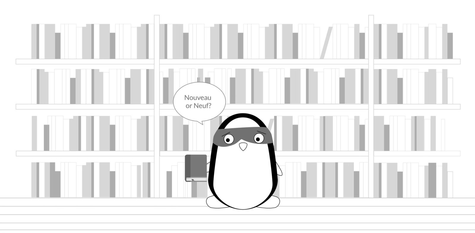 Iggy walks out of the bookstore with a new book in her hands, thinking, “Nouveau or Neuf?”