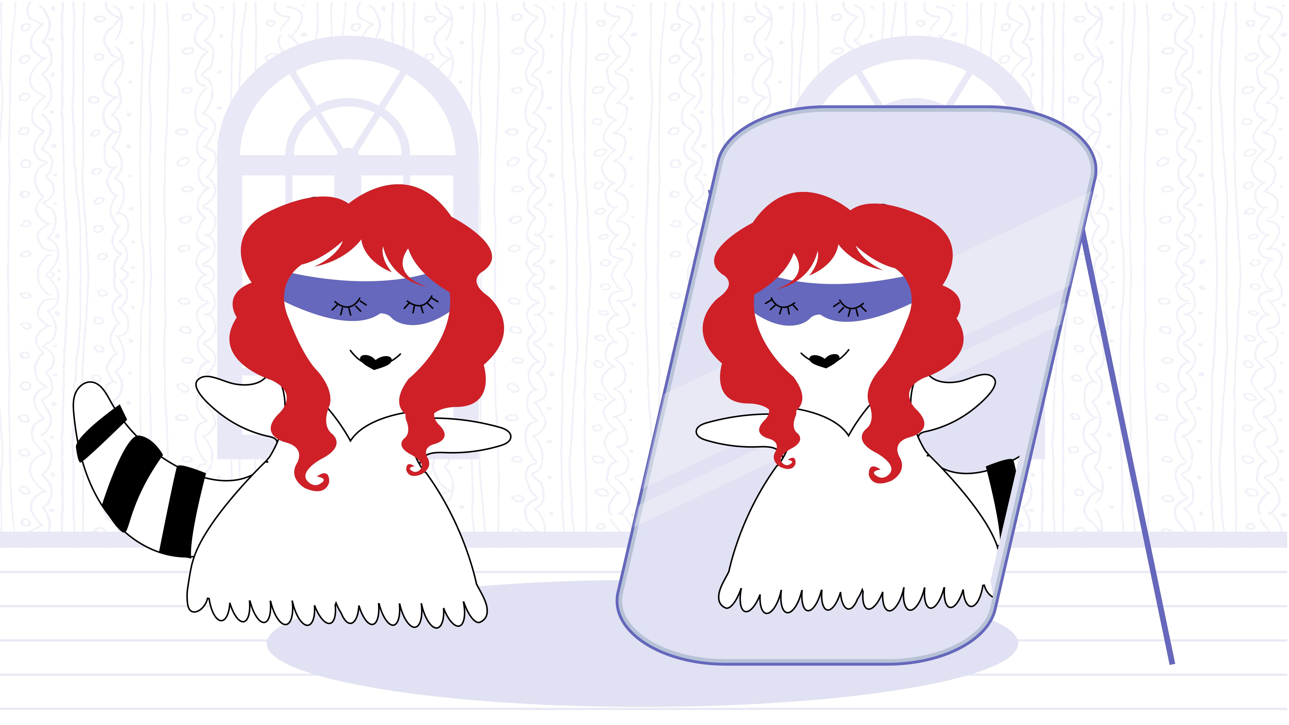 Iggy braids her red hair in front of the mirror.