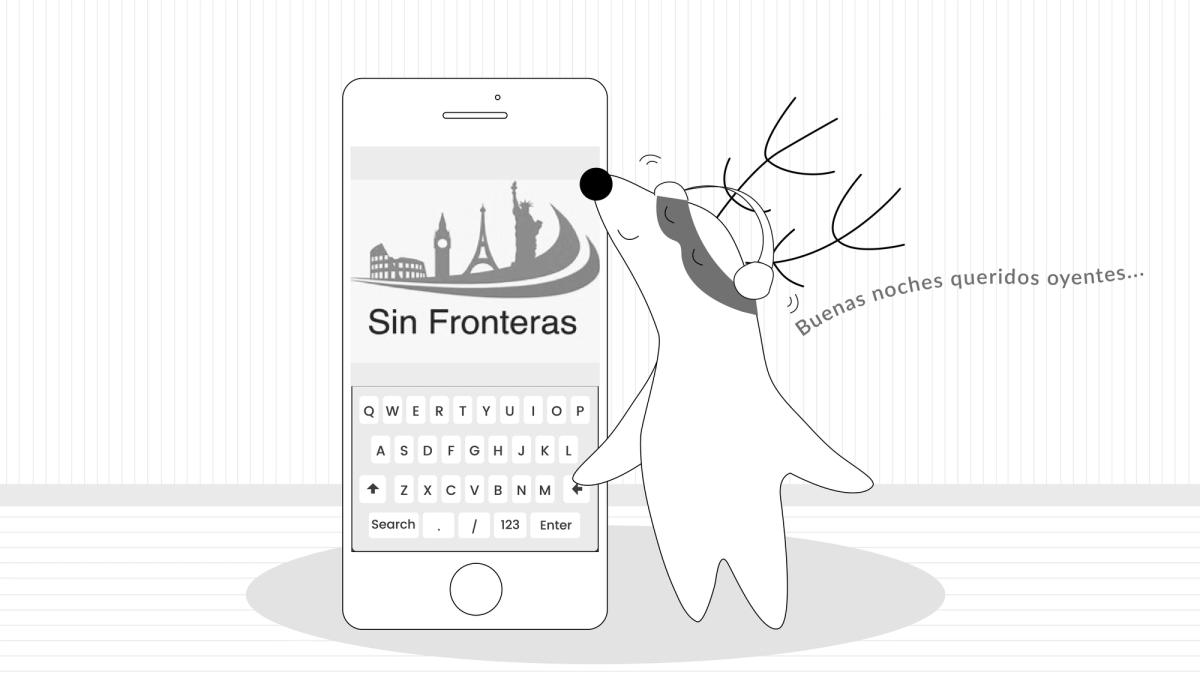 Soren listening to Sin Fronteras podcast using his smartphone and a headset. 