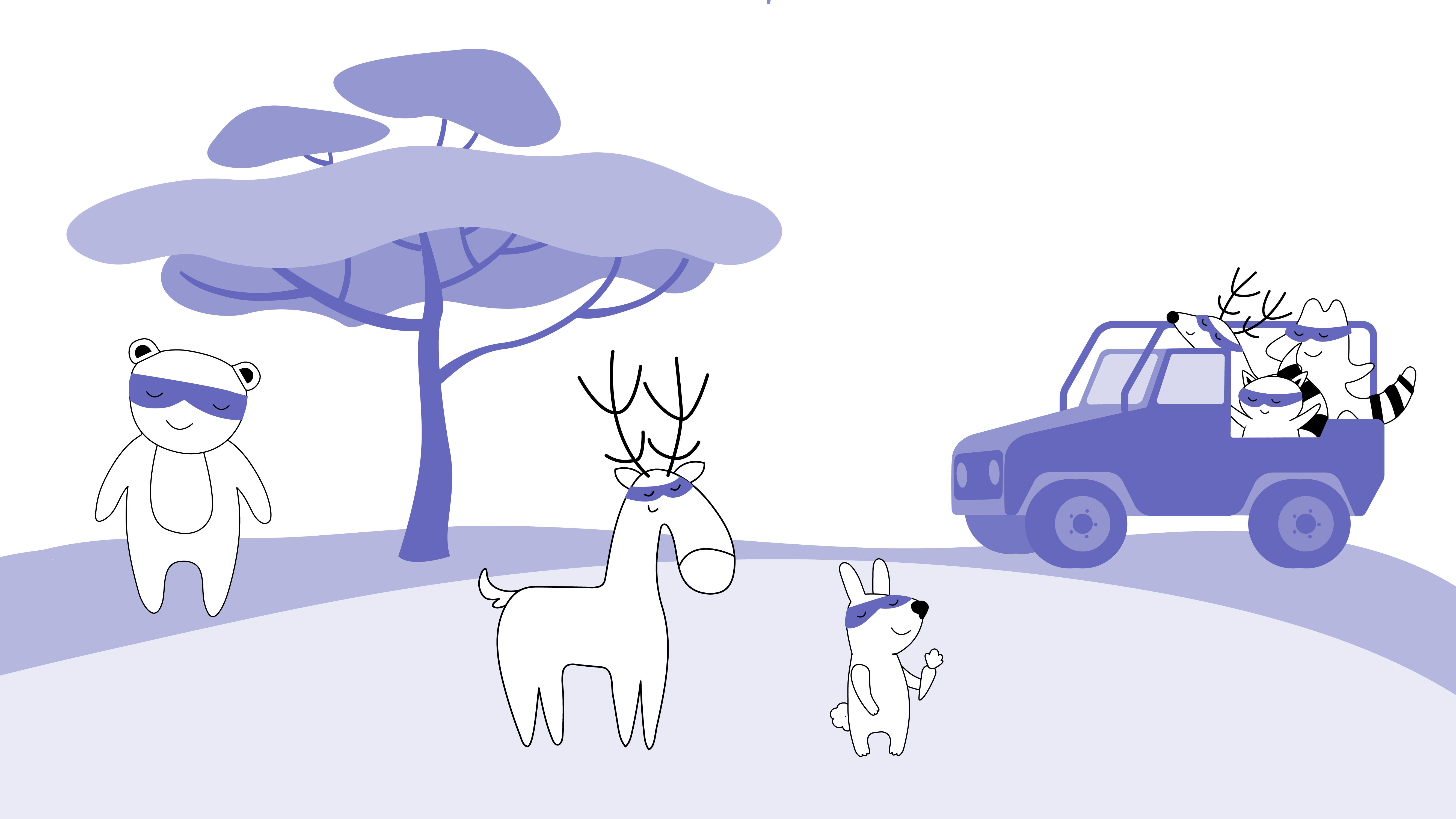 Soren, Iggy, and Benji are driving in a car through the forest, seeing a bear, a deer, and a bunny.
