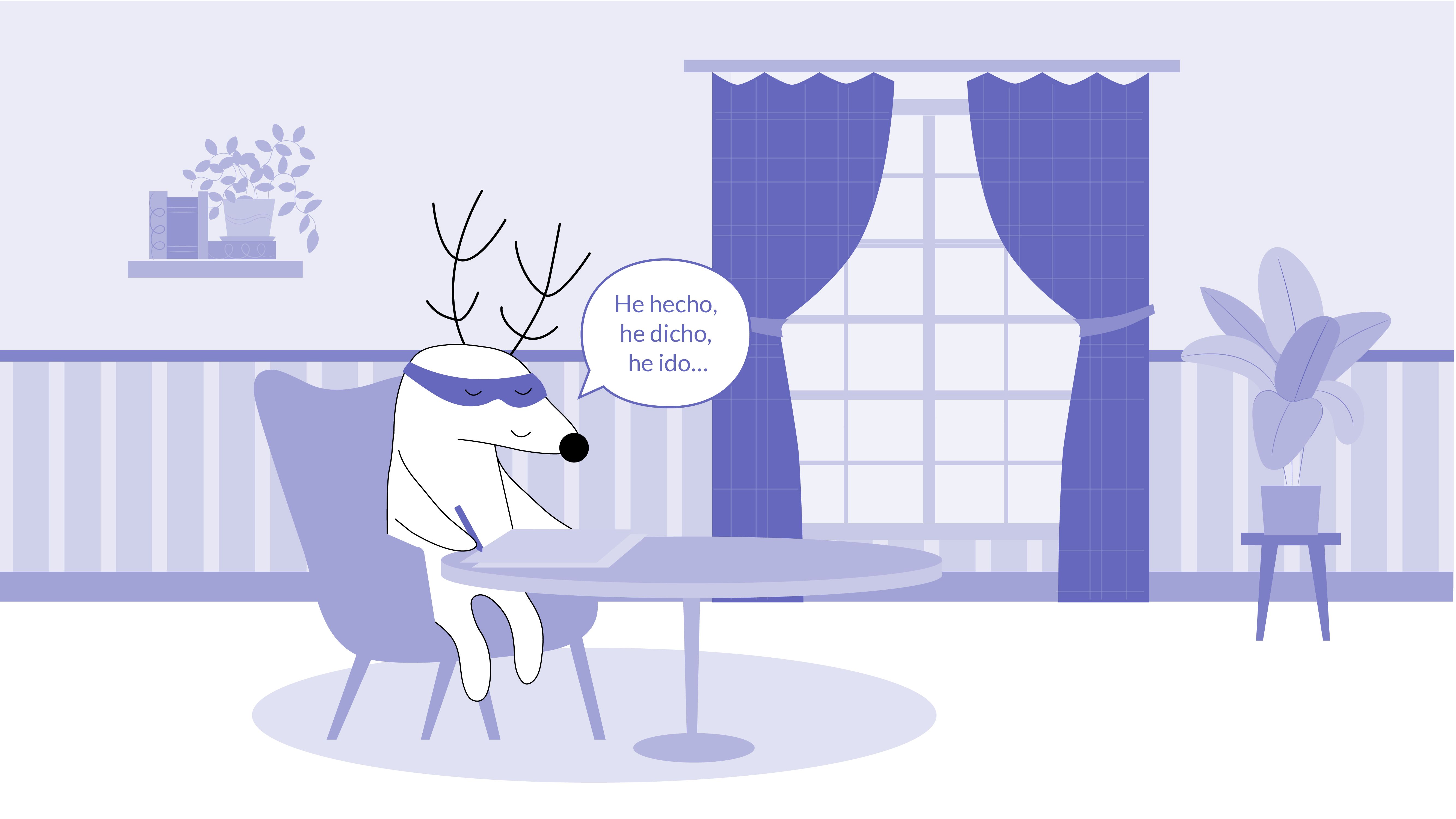 Soren sitting at his desk, reading and repeating, “he hecho, he dicho, he ido...”