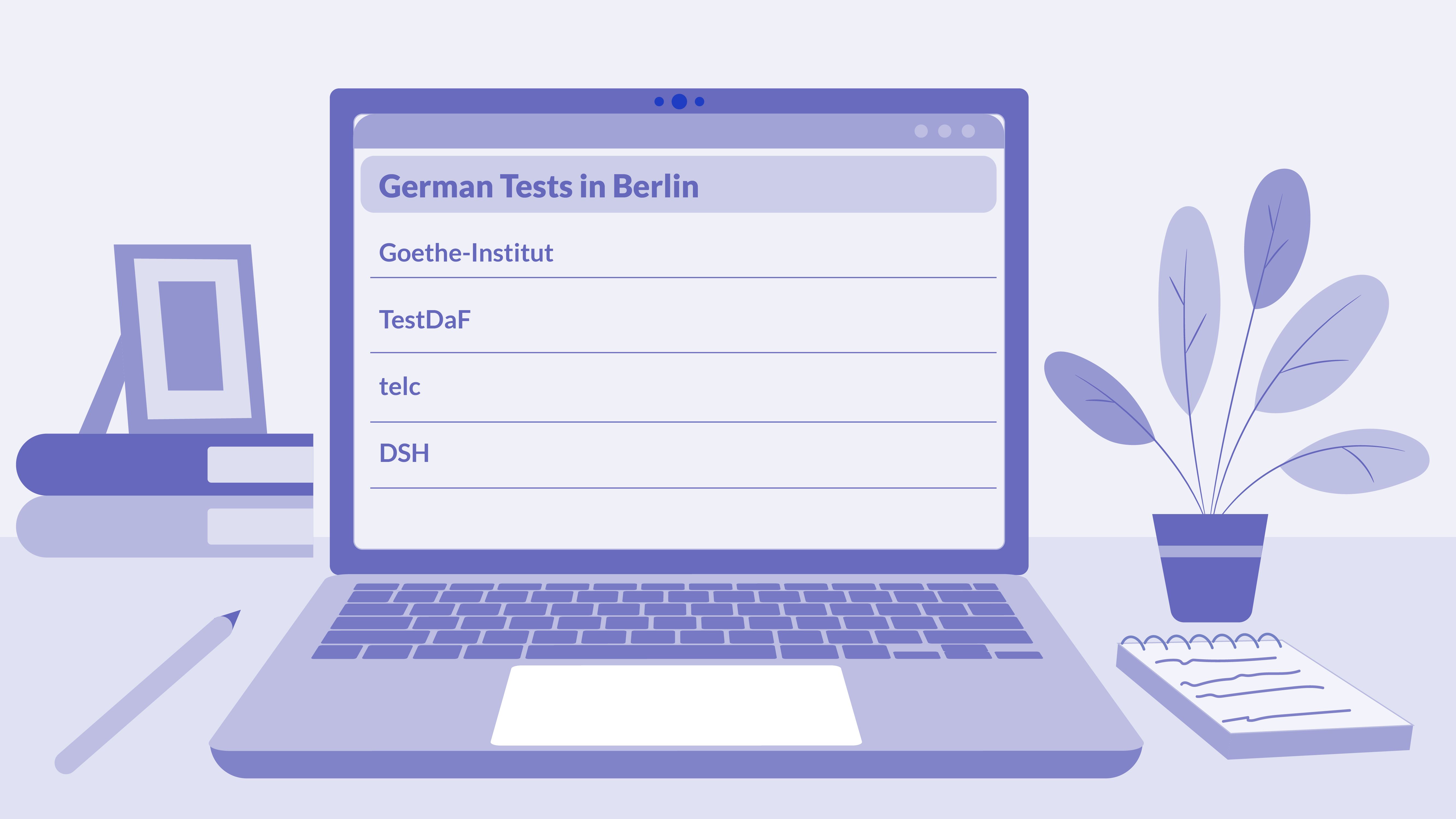 An illustration of the result page for the search request “German Tests in Berlin” showing the following testing options: Goethe-Institut. TestDaF, telc, DSH.