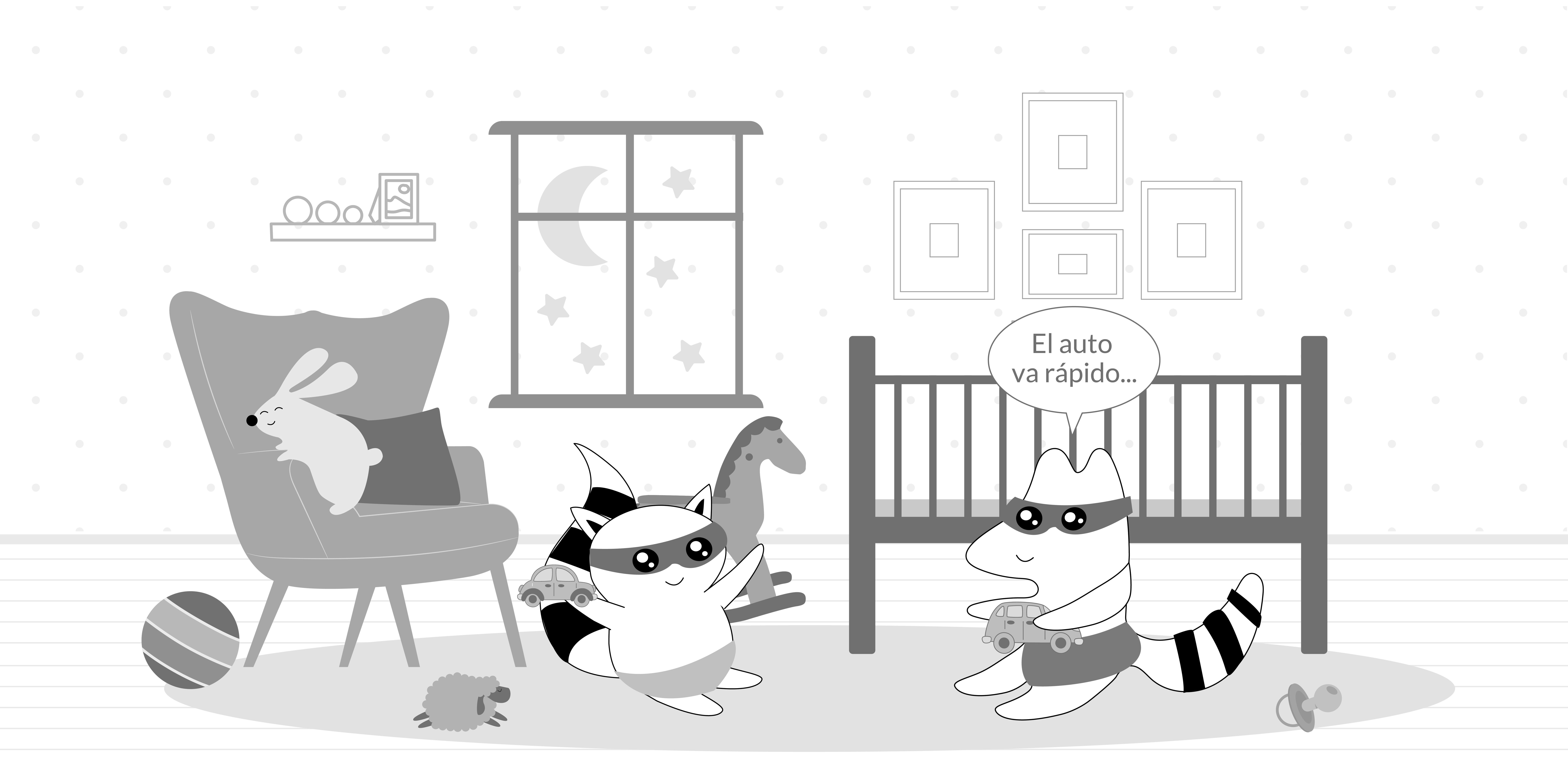  Iggy and Soren lying on the floor, playing with cars and Iggy saying “el auto va rápido…”