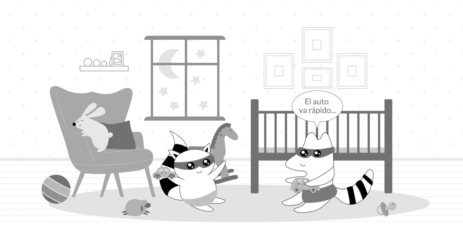  Iggy and Soren lying on the floor, playing with cars and Iggy saying “el auto va rápido…”