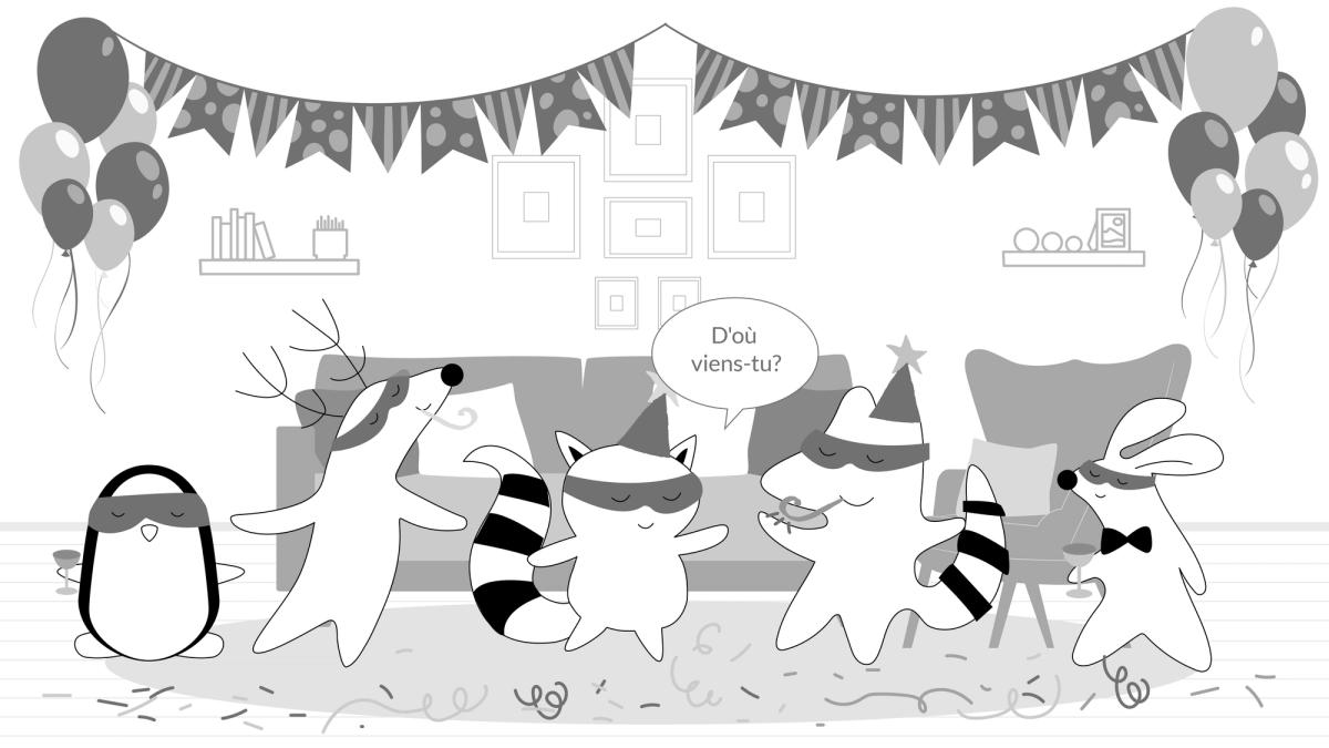 Everyone’s at the party, getting to know each other. Benji asks Soren, “D'où viens-tu?” while pouring them some punch.